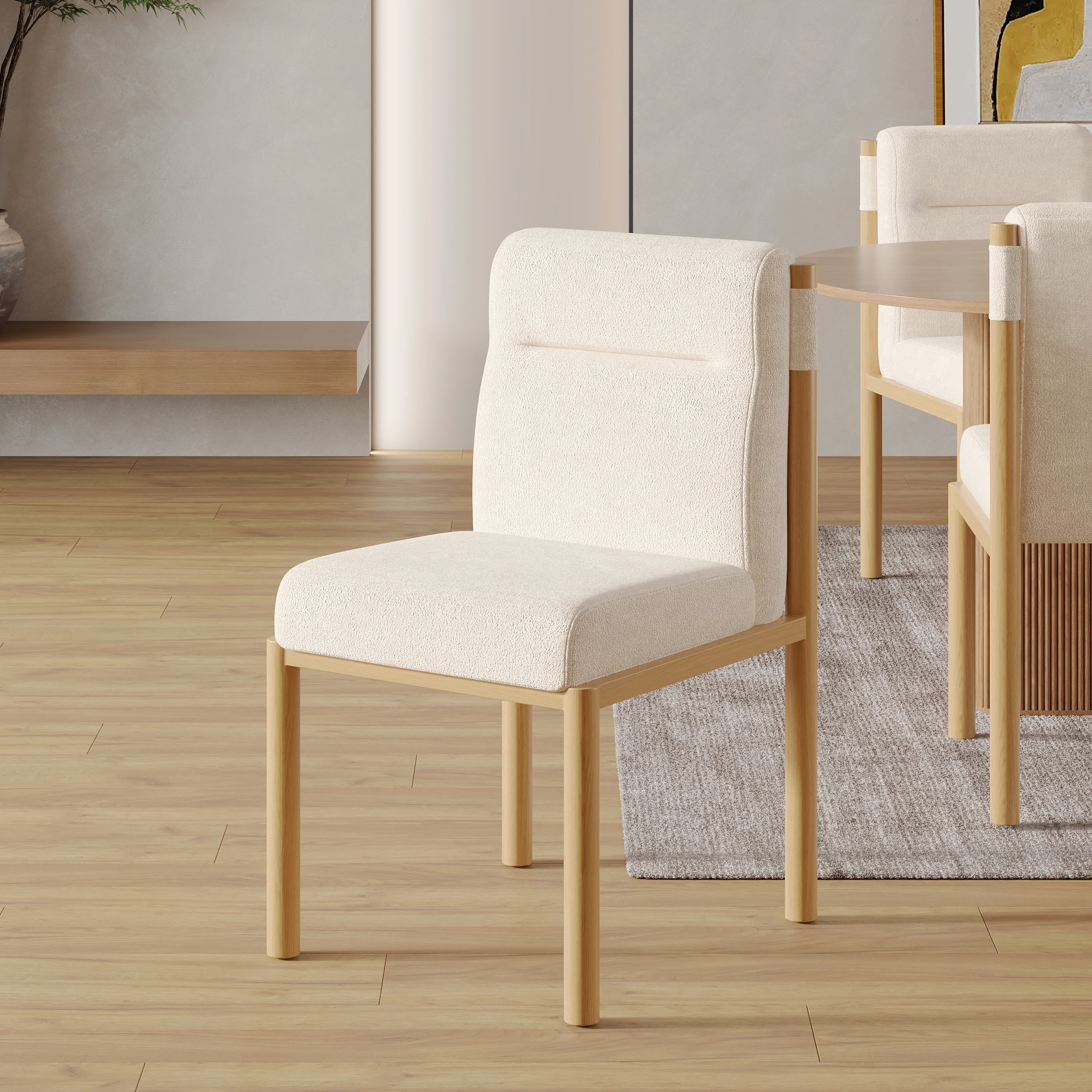 Dining Chairs Set of 4 Oak-Effect Frame Padded Sherpa Beige - Image 3