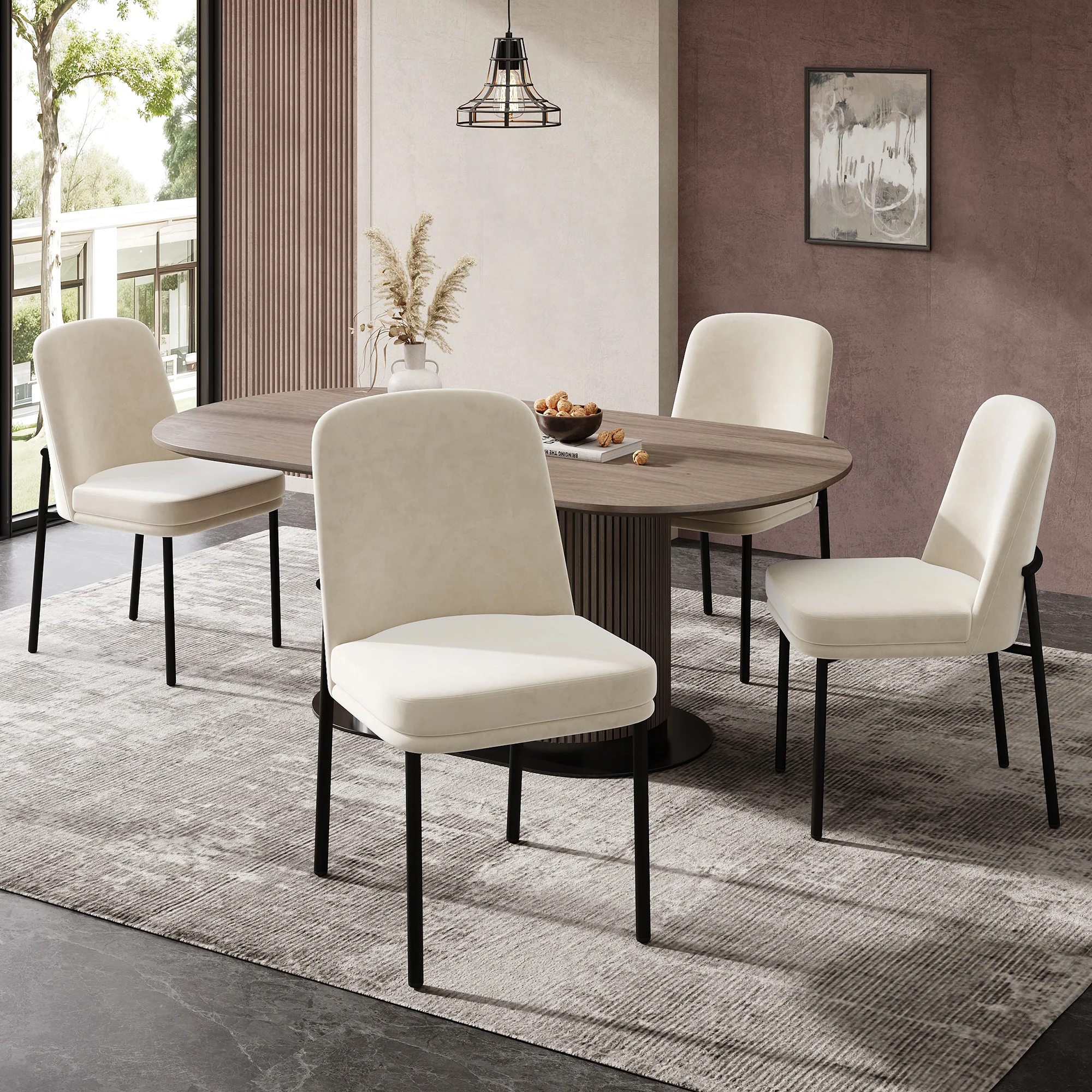 Dining Chairs Set of 4 Thickened Cushions Metal Legs Black Frame - Velvet Beige
