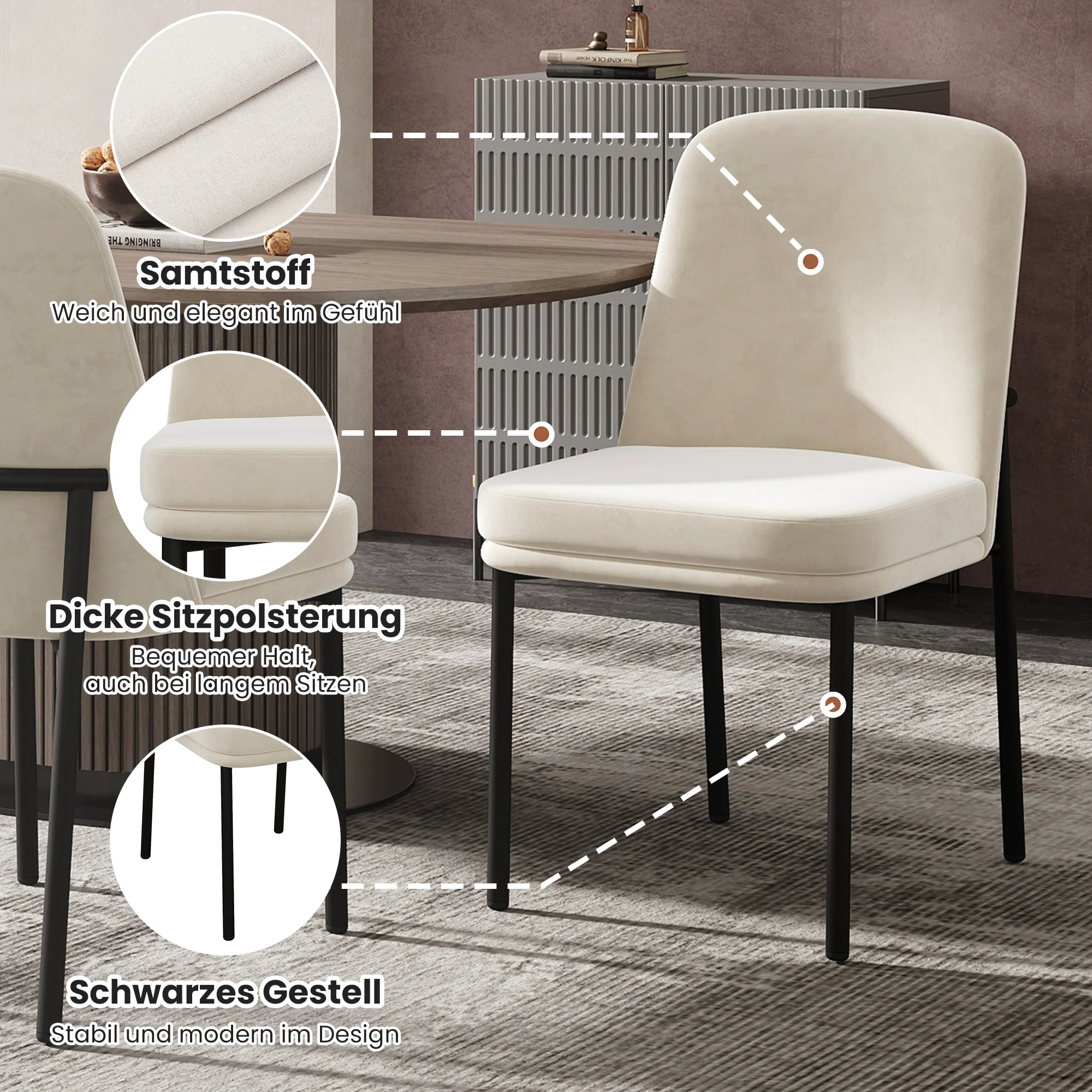 Dining Chairs Set of 4 Thickened Cushions Metal Legs Black Frame - Velvet Beige - Image 7