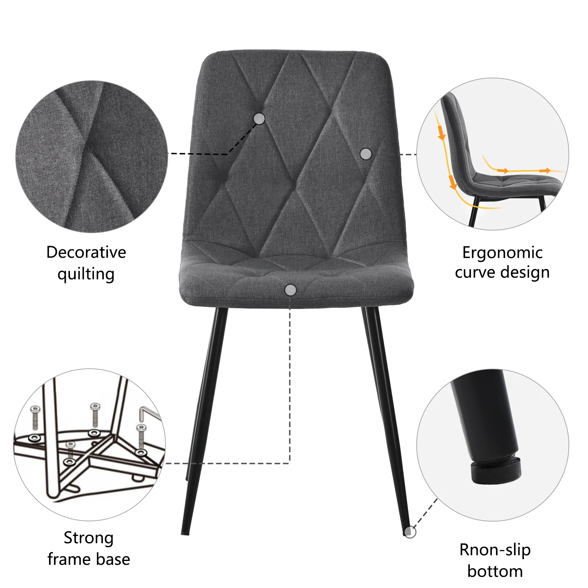 Dining Chairs Set of 4 Upholstered Designer with Backrest Twill Linen Metal Legs Dark Grey - Image 6