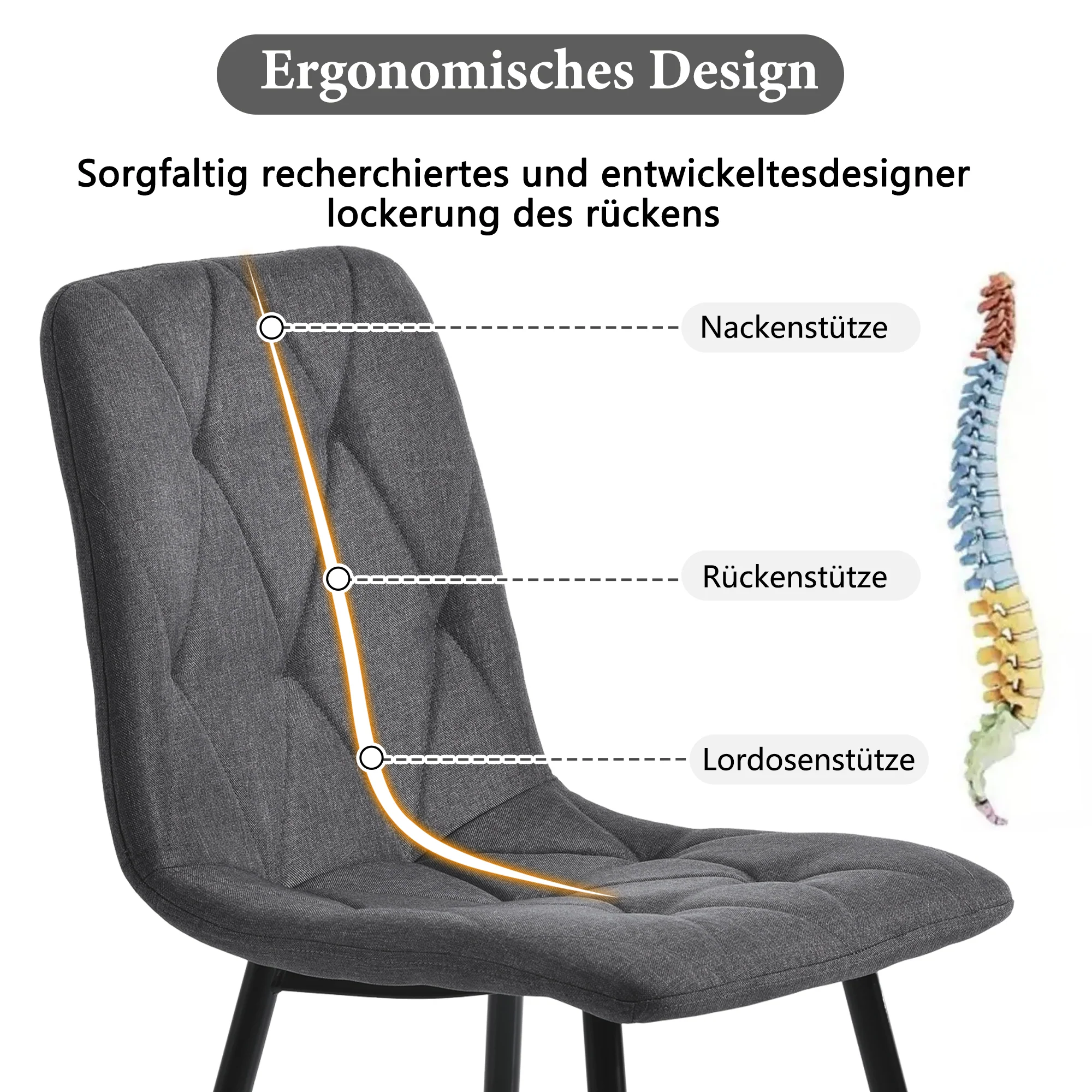 Dining Chairs Set of 4 Upholstered Designer with Backrest Twill Linen Metal Legs Dark Grey - Image 9