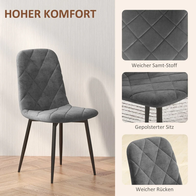 Dining Chairs, Set of 4 Upholstered with Backrest, Metal Legs, Velvet Look Grey - Image 3