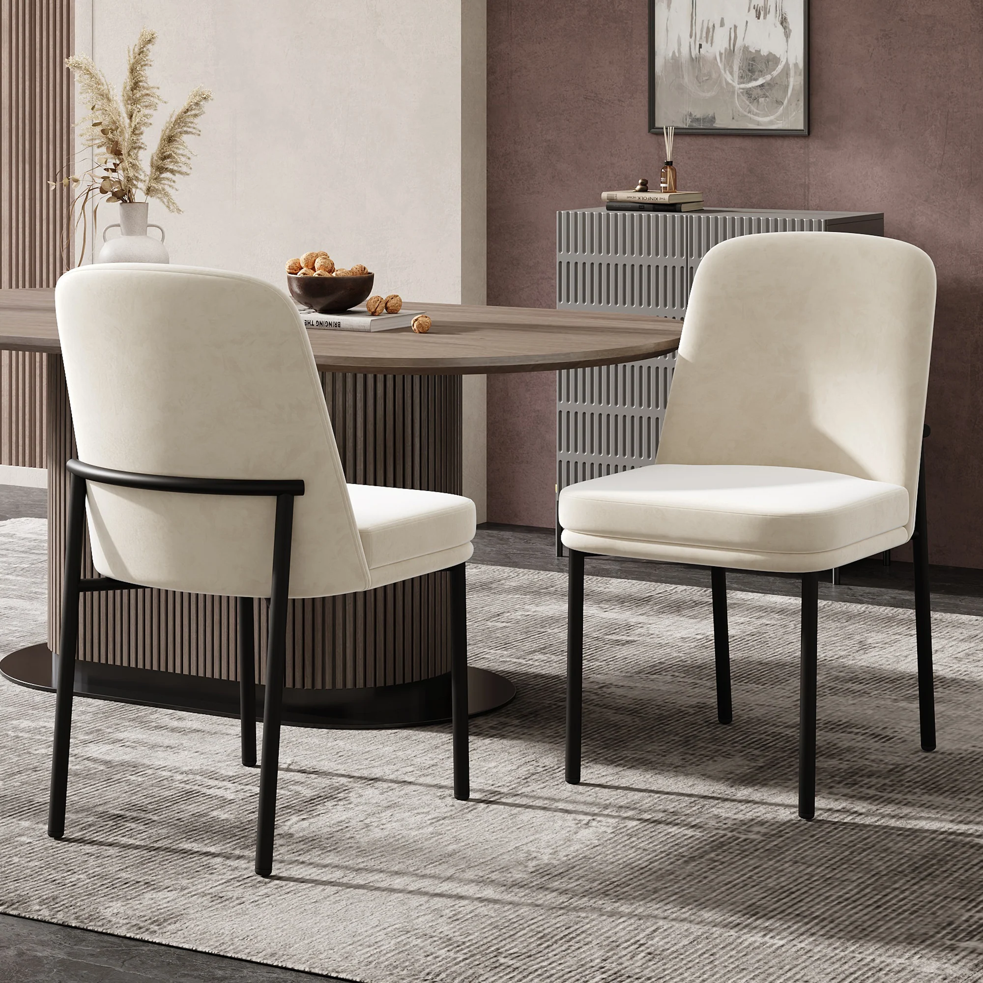 Dining Chairs Set of 6 Black Metal Legs Modern - Beige Velvet - Image 10
