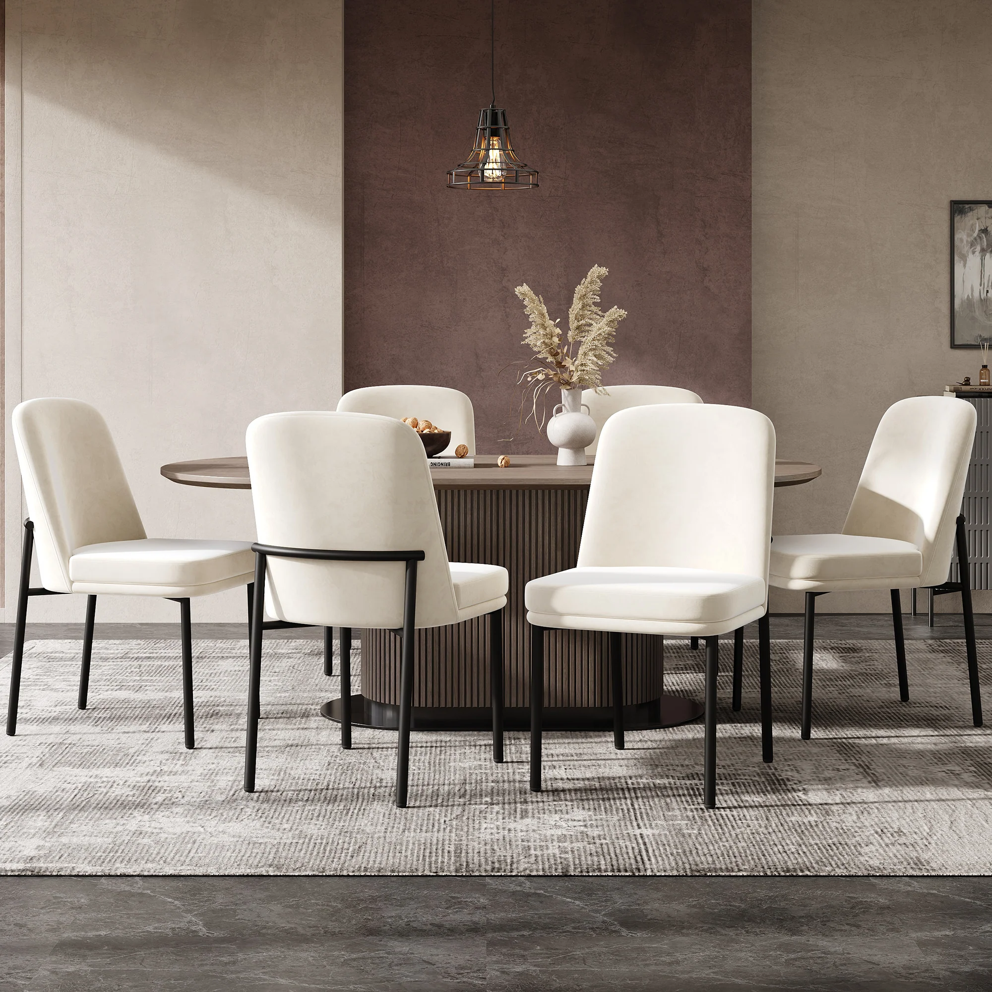 Dining Chairs Set of 6 Black Metal Legs Modern - Beige Velvet - Image 2