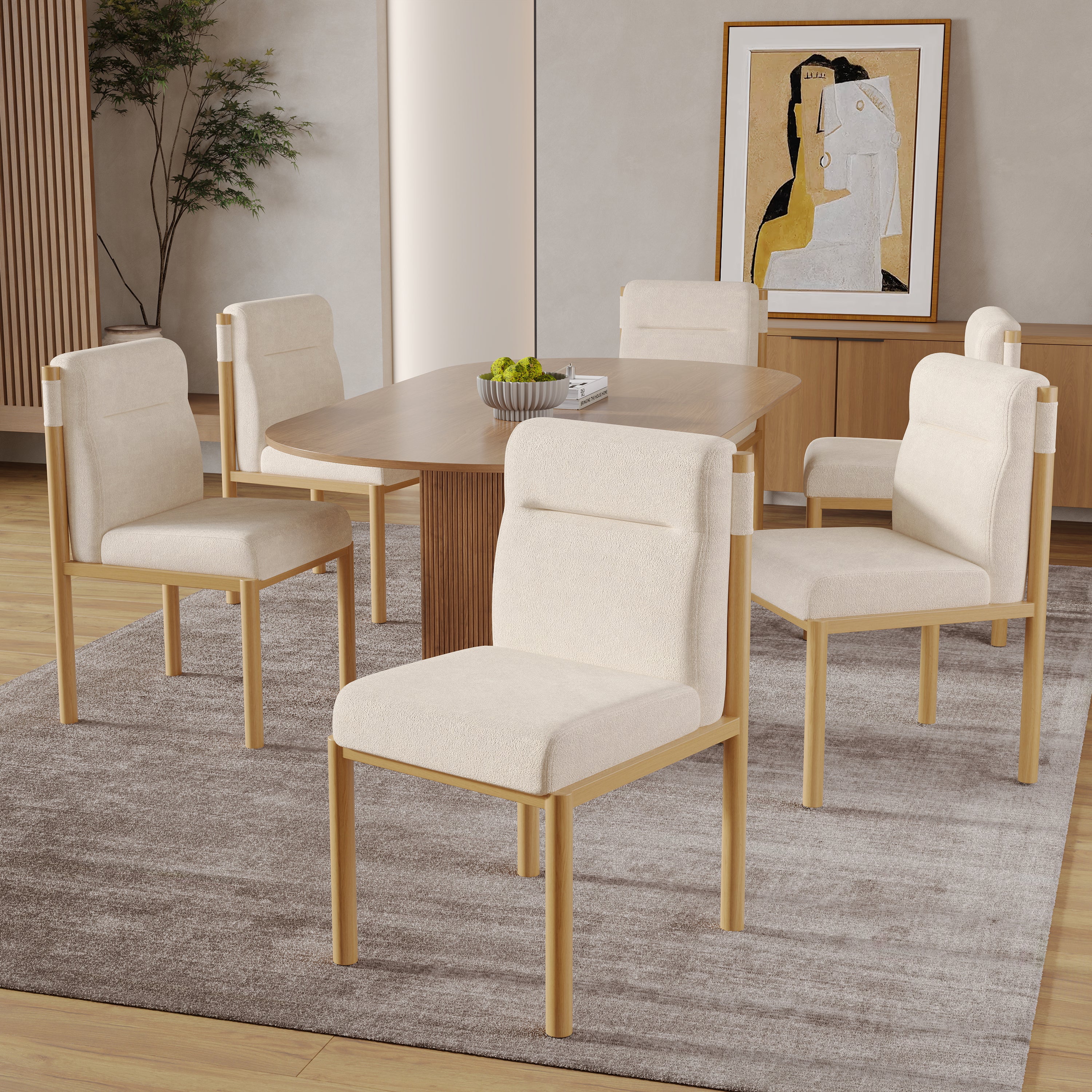 Dining Chairs Set of 6 Modern Oak-Effect Frame Padded Seat - Sherpa Fabric Beige