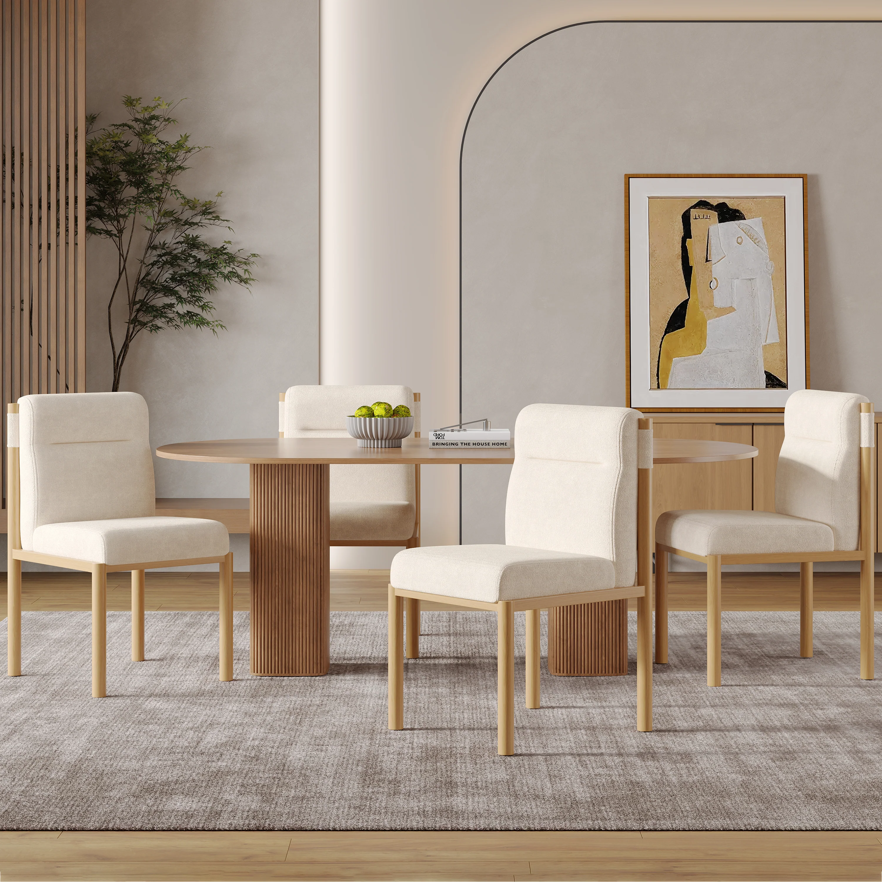 Dining Chairs Set of 6 Modern Oak-Effect Frame Padded Seat - Sherpa Fabric Beige - Image 10