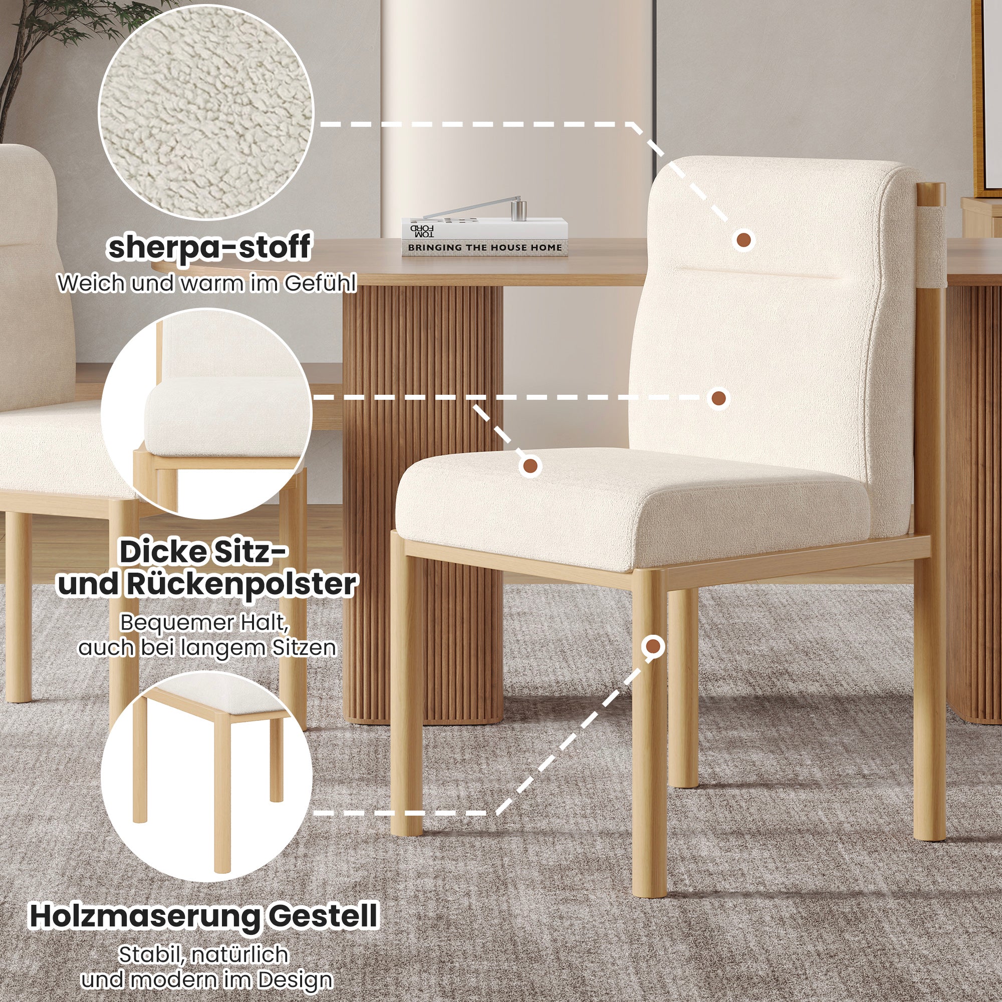 Dining Chairs Set of 6 Modern Oak-Effect Frame Padded Seat - Sherpa Fabric Beige - Image 7