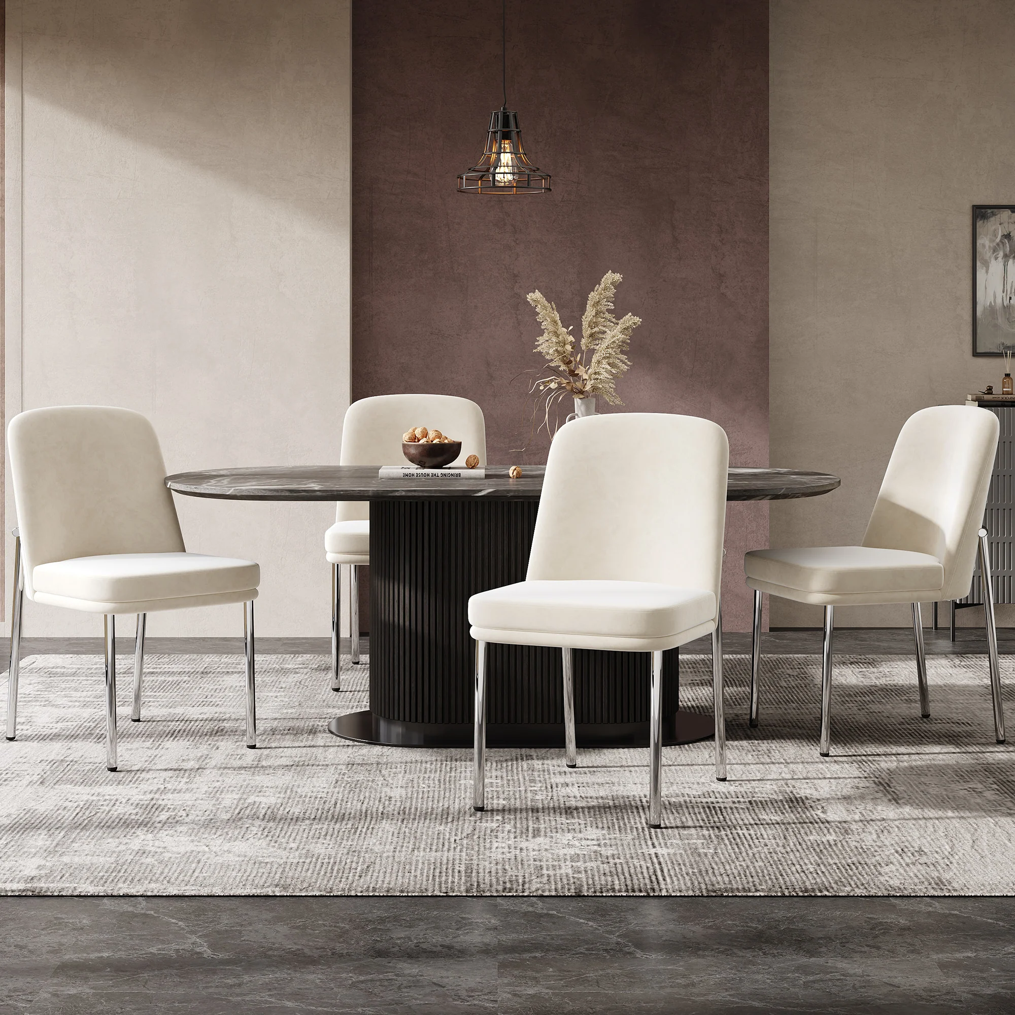 Dining Chairs Set of 6 Thickened Cushion Metal Legs Modern Style - Velvet Beige - Image 10
