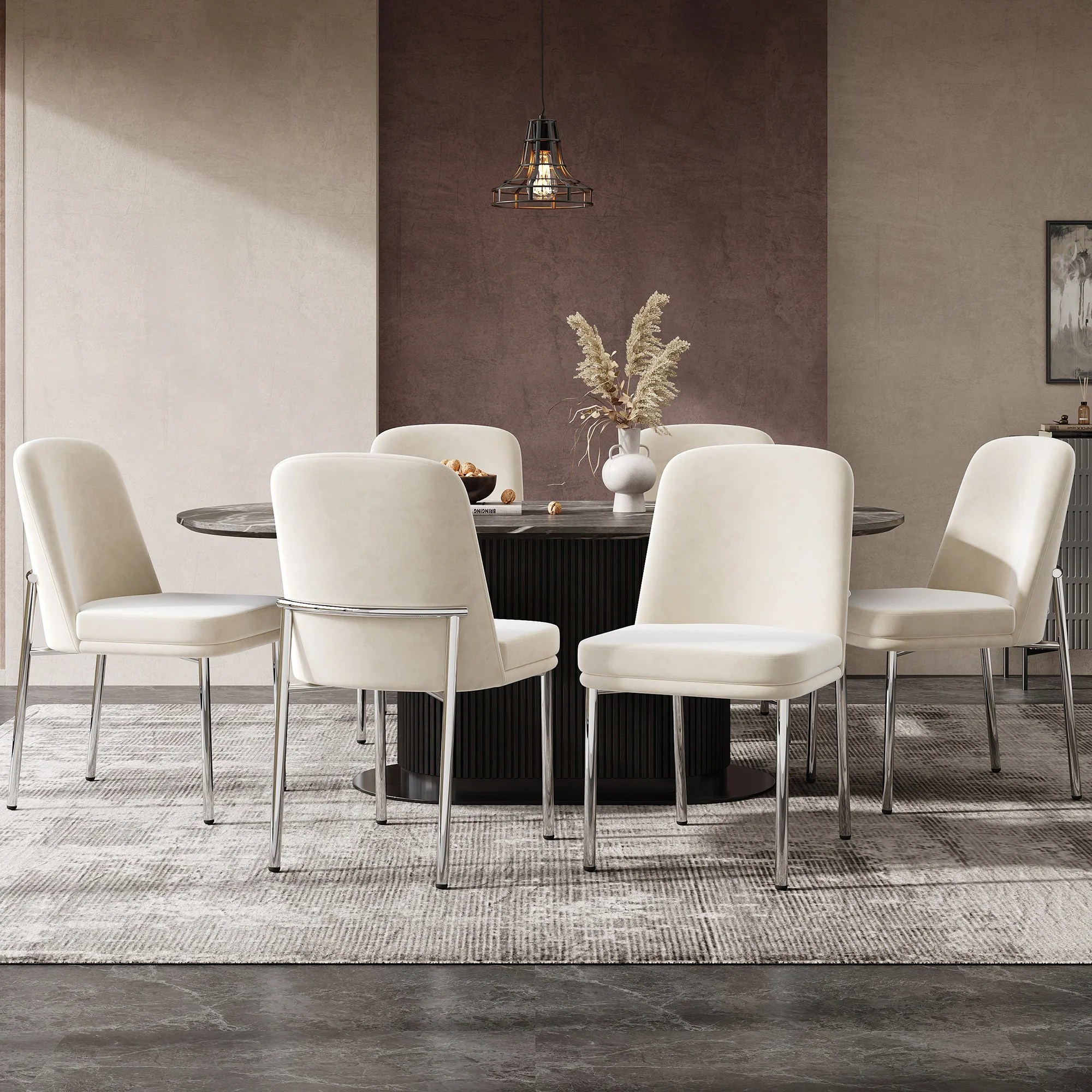 Dining Chairs Set of 6 Thickened Cushion Metal Legs Modern Style - Velvet Beige - Image 2