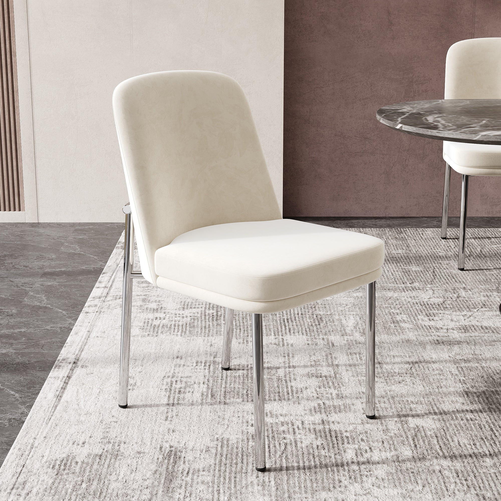 Dining Chairs Set of 6 Thickened Cushion Metal Legs Modern Style - Velvet Beige - Image 3