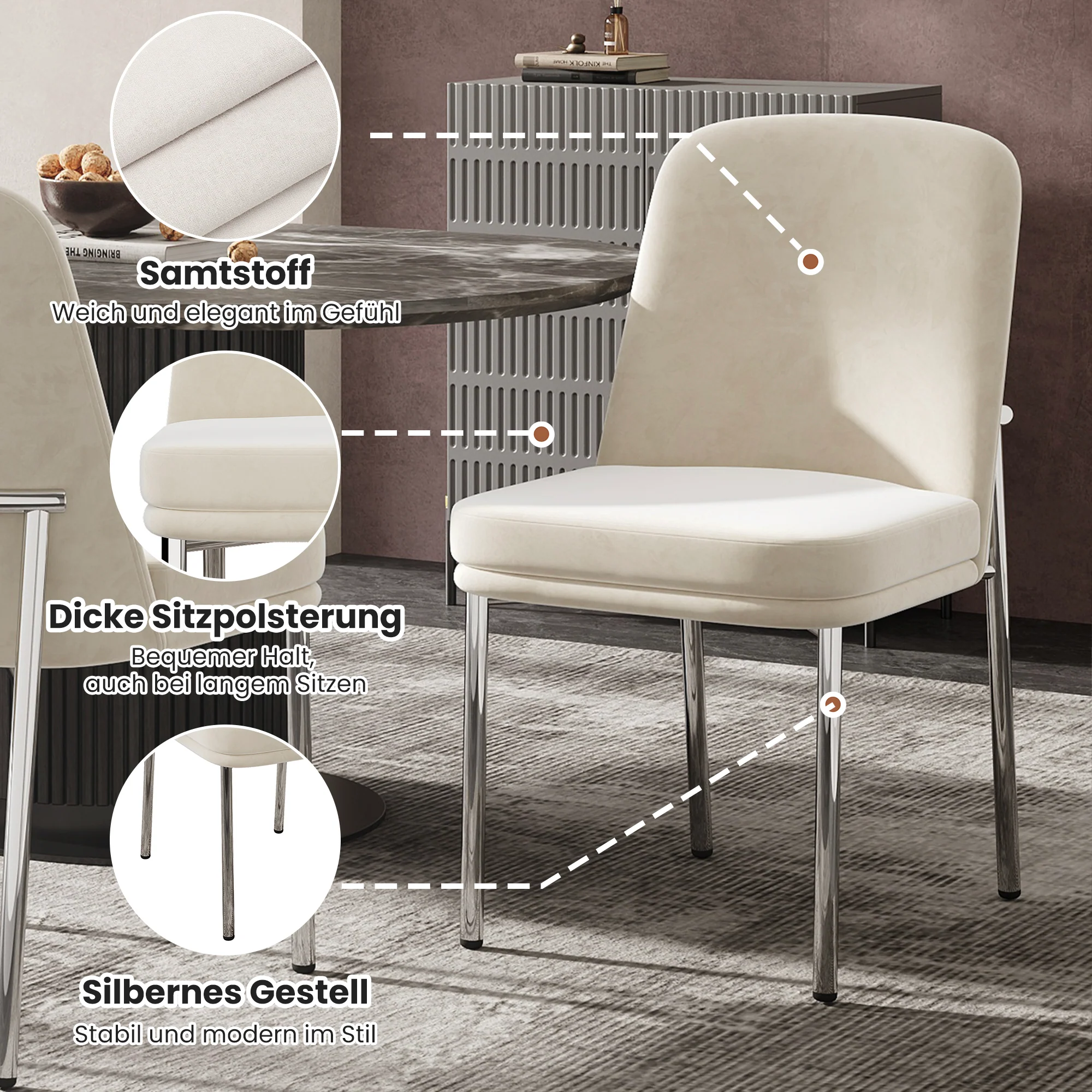 Dining Chairs Set of 6 Thickened Cushion Metal Legs Modern Style - Velvet Beige - Image 8