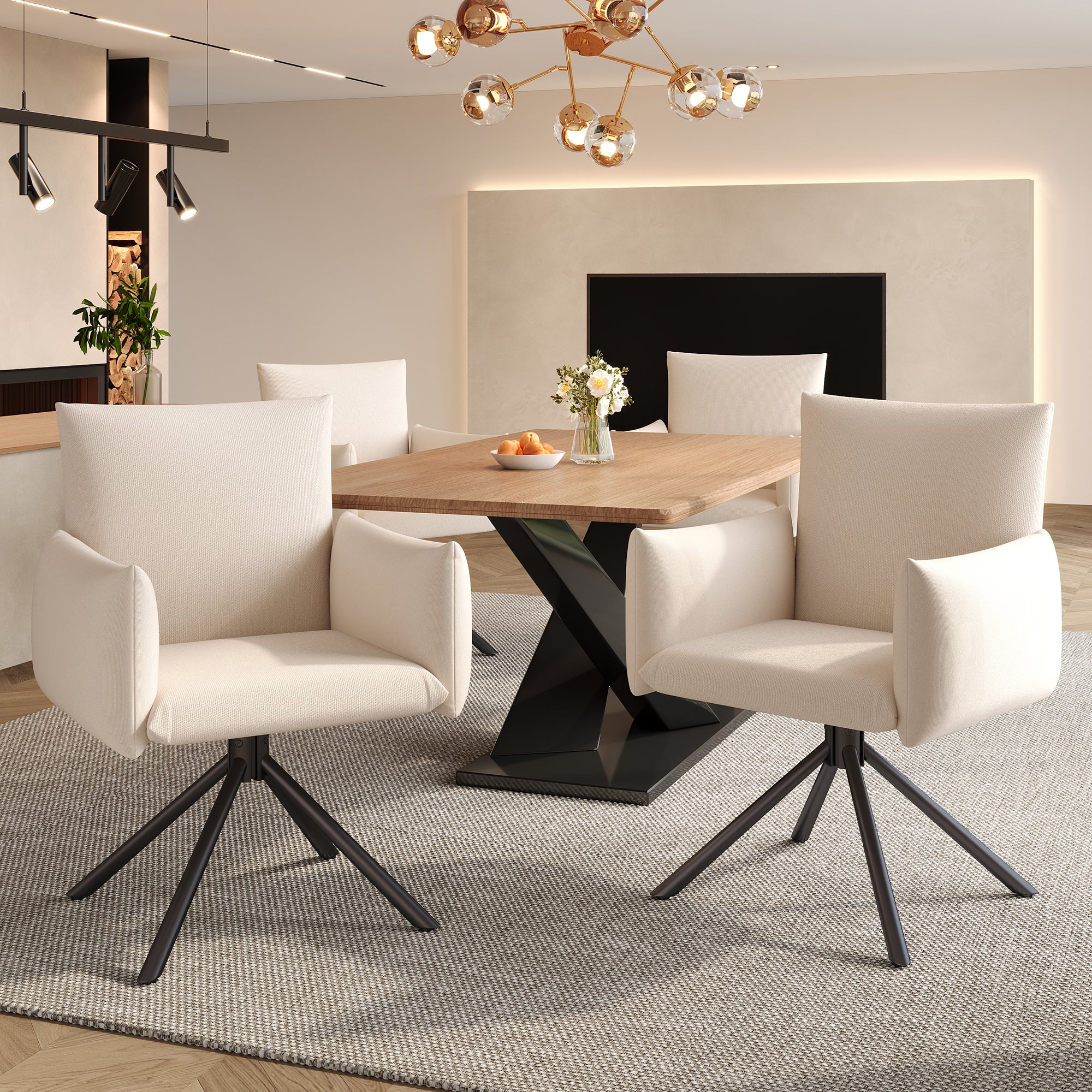 Dining Chairs Set of 6 Upholstered 360° Swivel Lumbar Support - Beige Linen - Image 5