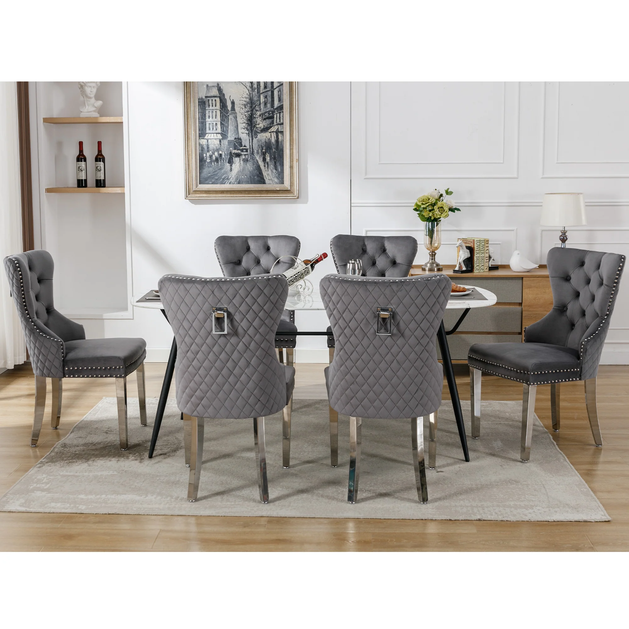 Dining Chairs Set of 6 Upholstered Door Knocker Nailhead Trim Grey Velvet - Image 2