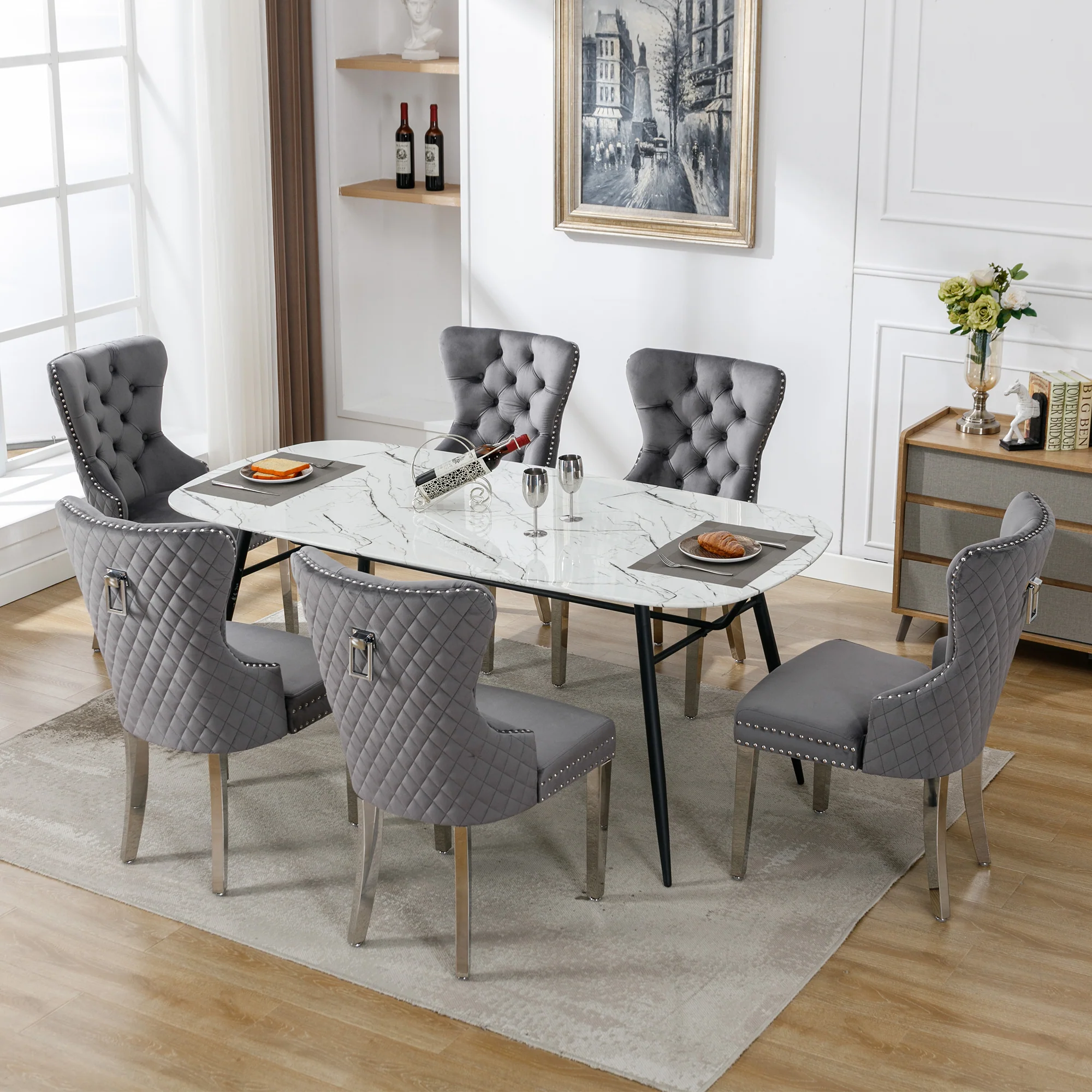Dining Chairs Set of 6 Upholstered Door Knocker Nailhead Trim Grey Velvet - Image 4