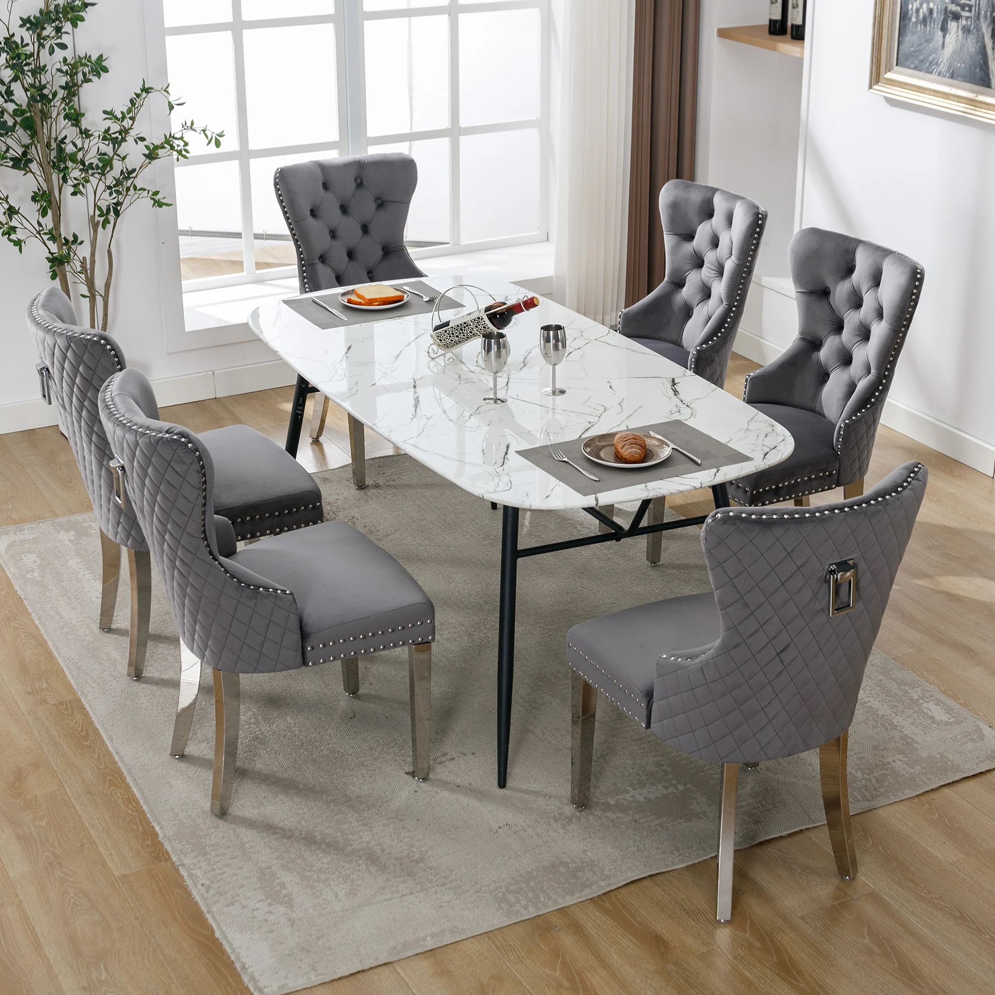 Dining Chairs Set of 6 Upholstered Door Knocker Nailhead Trim Grey Velvet - Image 5
