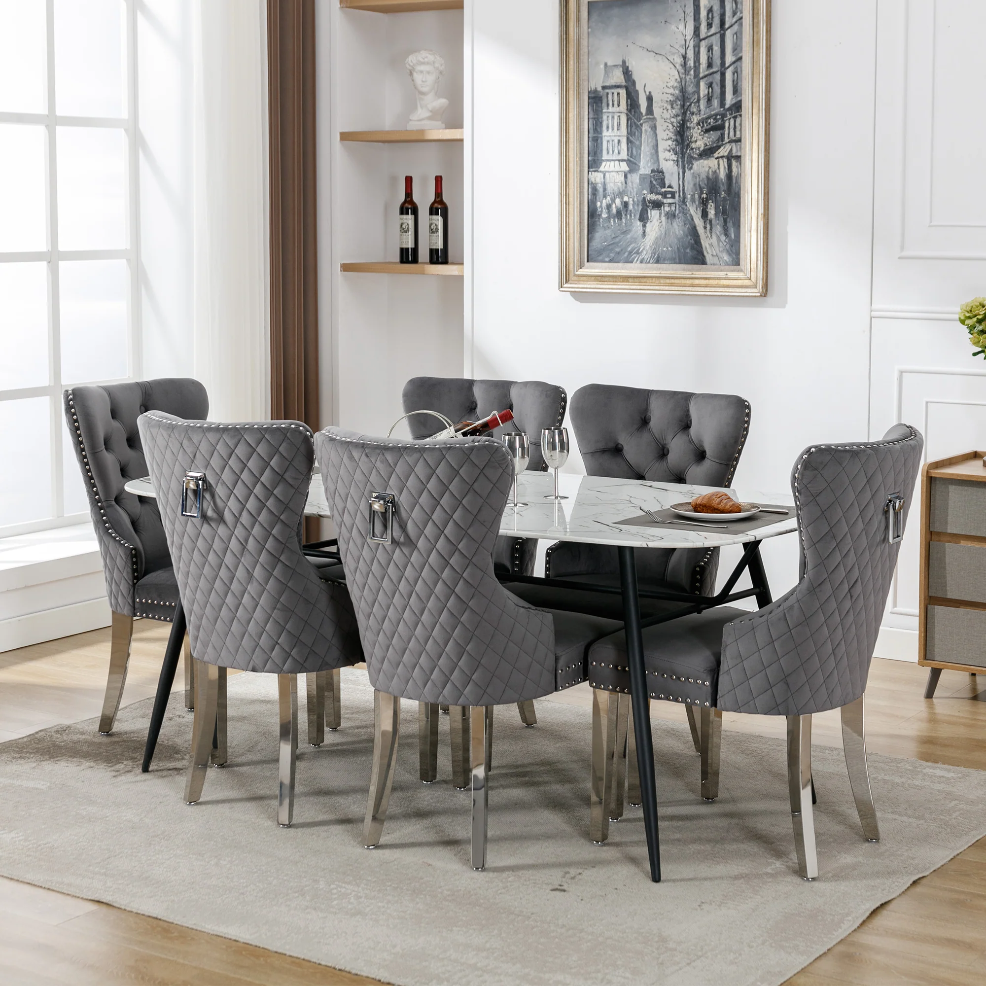 Dining Chairs Set of 6 Upholstered Door Knocker Nailhead Trim Grey Velvet - Image 6