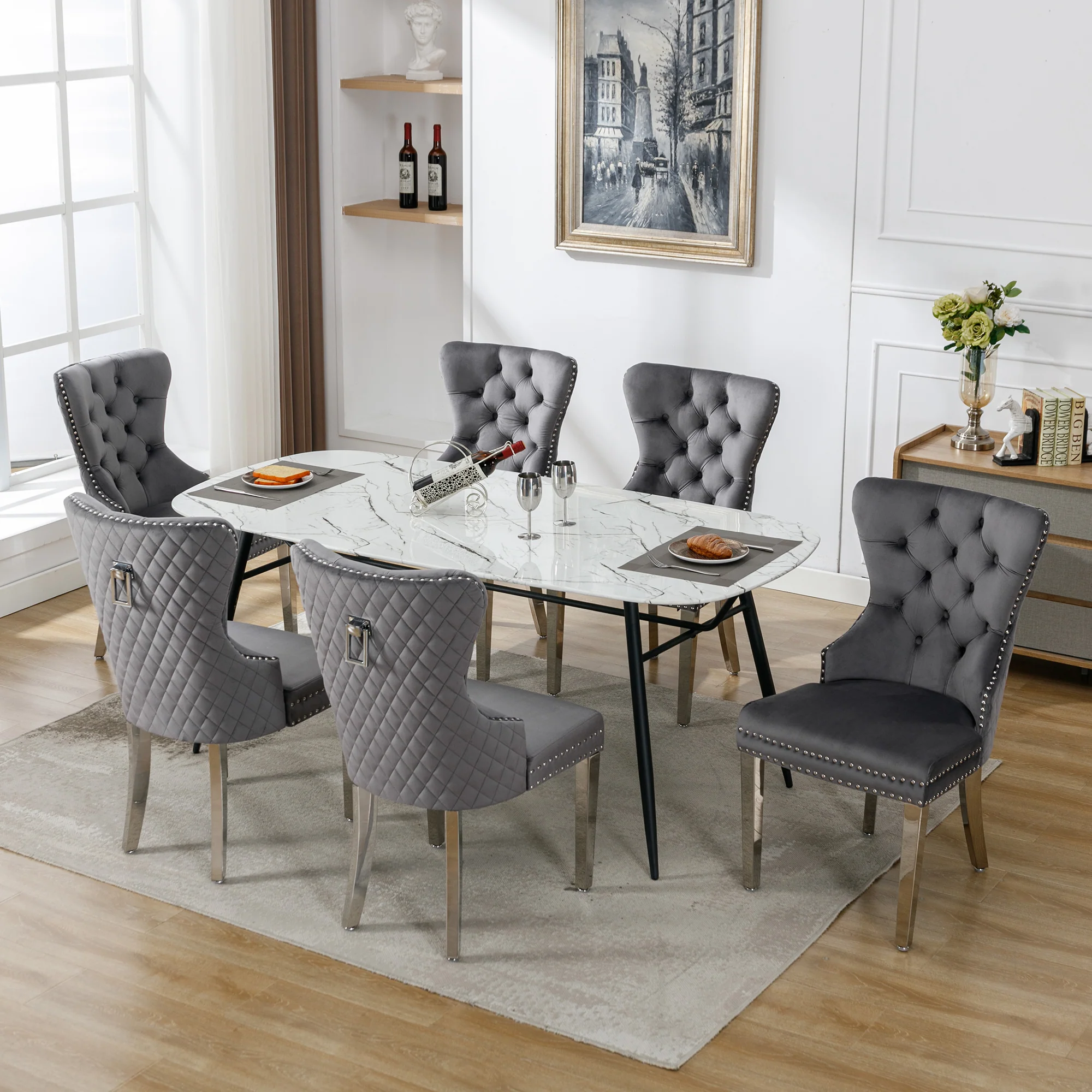 Dining Chairs Set of 6 Upholstered Door Knocker Nailhead Trim Grey Velvet - Image 7
