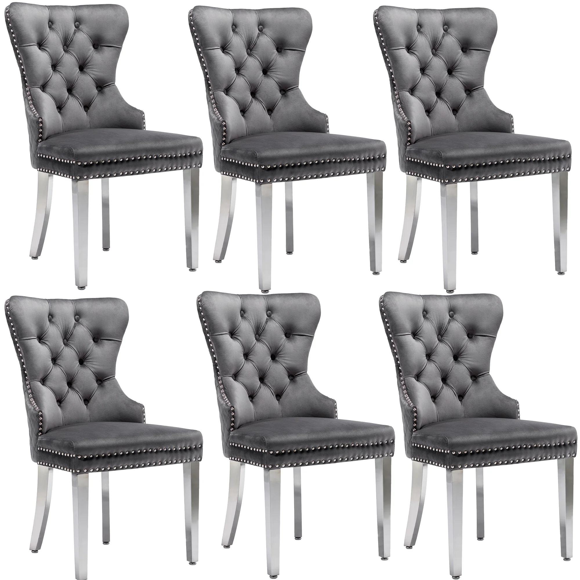 Dining Chairs Set of 6 Upholstered Door Knocker Nailhead Trim Grey Velvet - Image 9