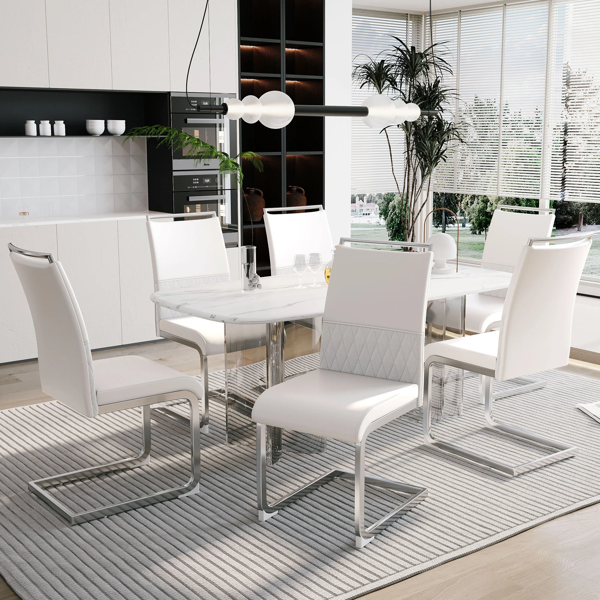 Dining Chairs Set of 6 Upholstered High-Back PU Leather Linen White - Image 2