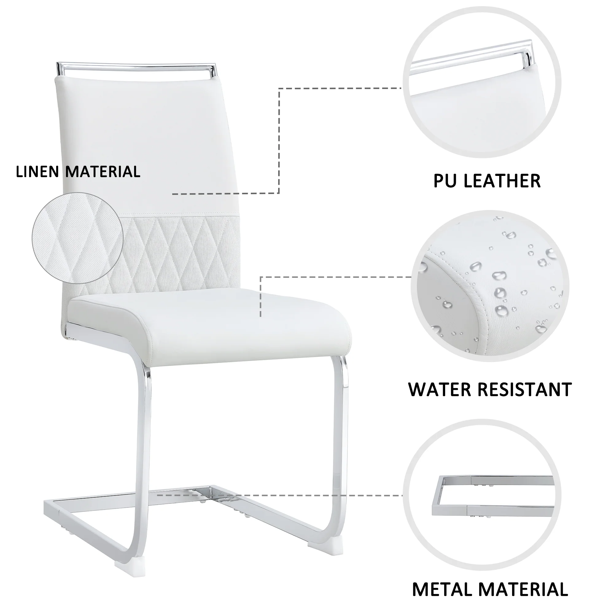 Dining Chairs Set of 6 Upholstered High-Back PU Leather Linen White - Image 5