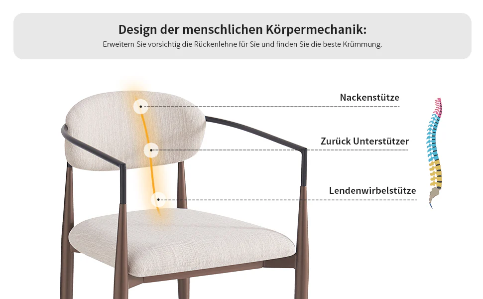 Dining & Makeup Chair Set of 2, Modern Ergonomic Adjustable Legs - Linen Fabric - Image 7