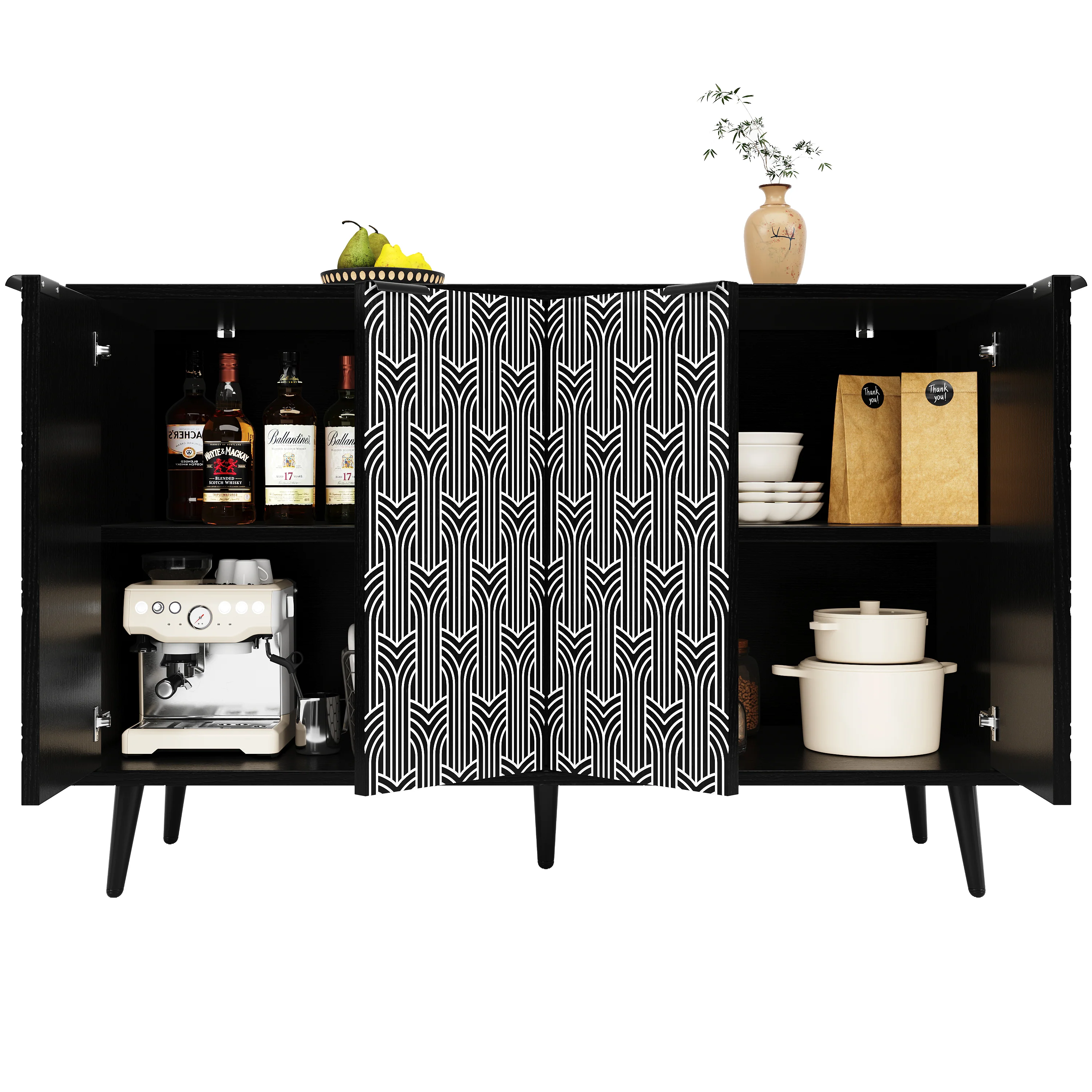 Dining Room Cabinet Freestanding Storage Unique Carved Herringbone Door Black - Image 10