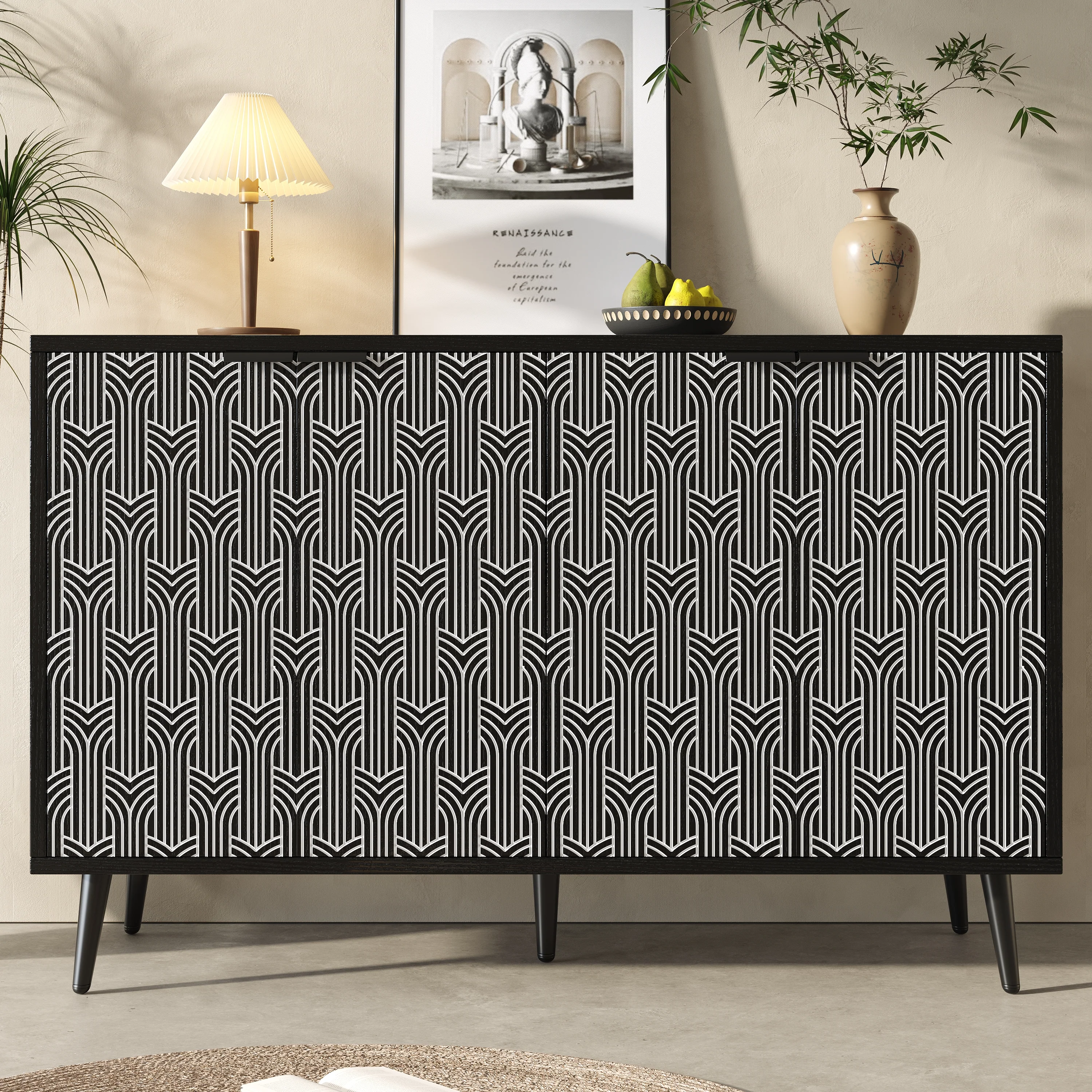 Dining Room Cabinet Freestanding Storage Unique Carved Herringbone Door Black - Image 2