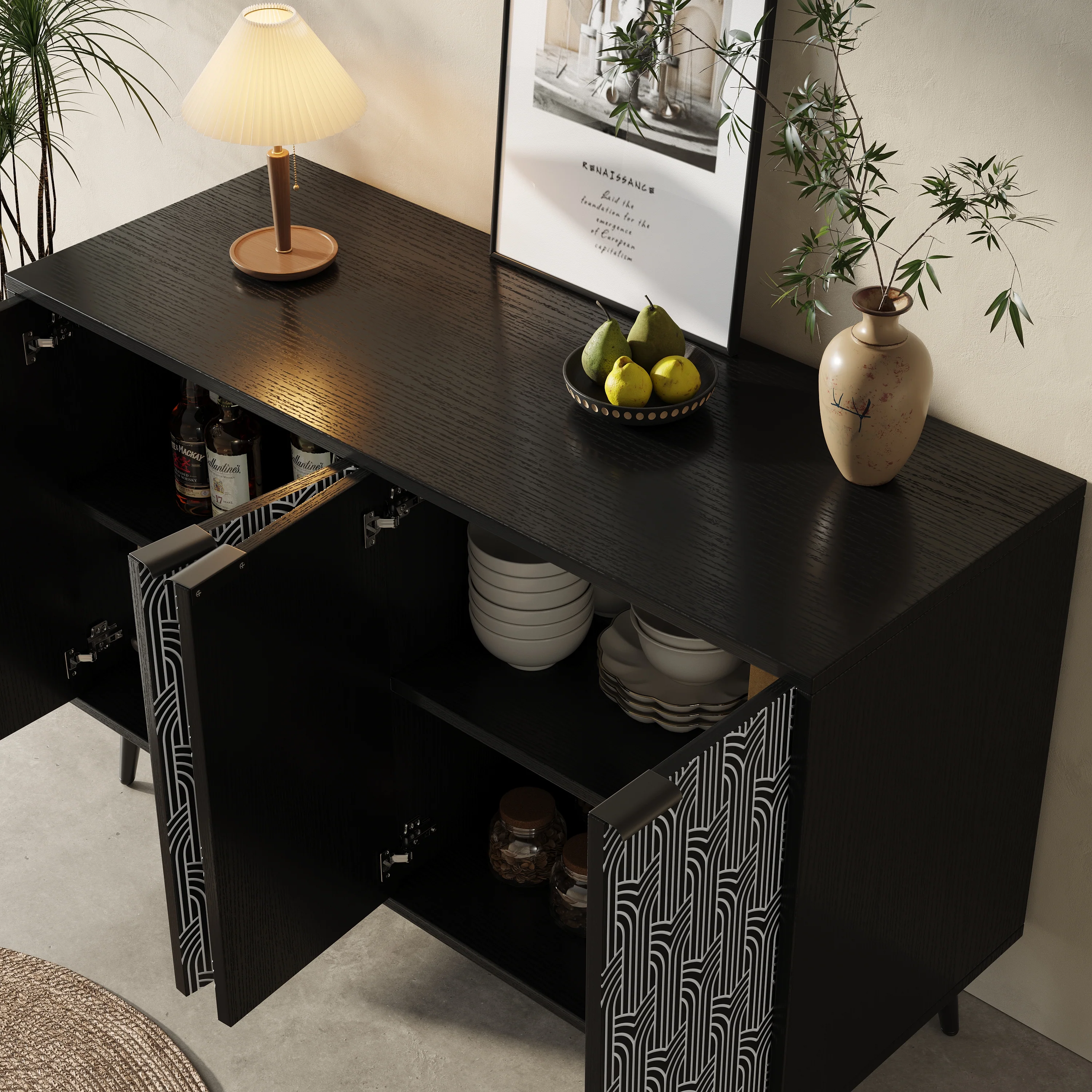 Dining Room Cabinet Freestanding Storage Unique Carved Herringbone Door Black - Image 3