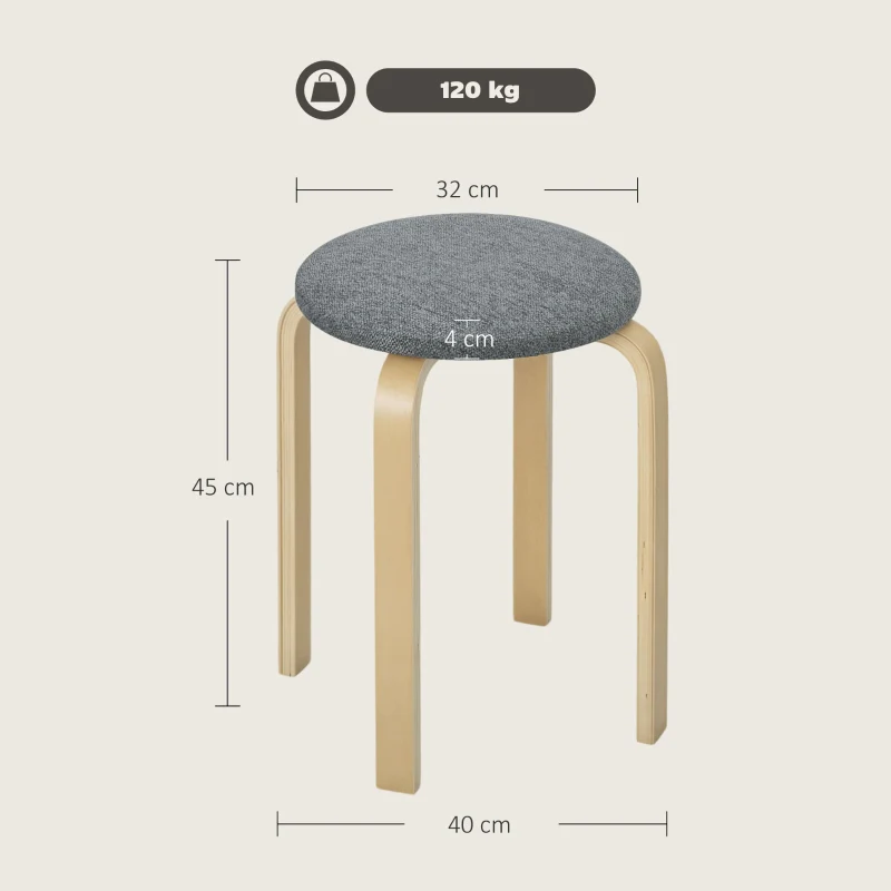 Dining Room Stools, Stackable Round Upholstered, Linen Look Grey - Image 3