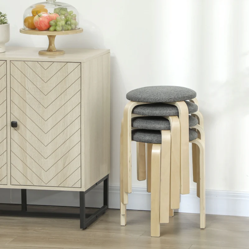 Dining Room Stools, Stackable Round Upholstered, Linen Look Grey - Image 8