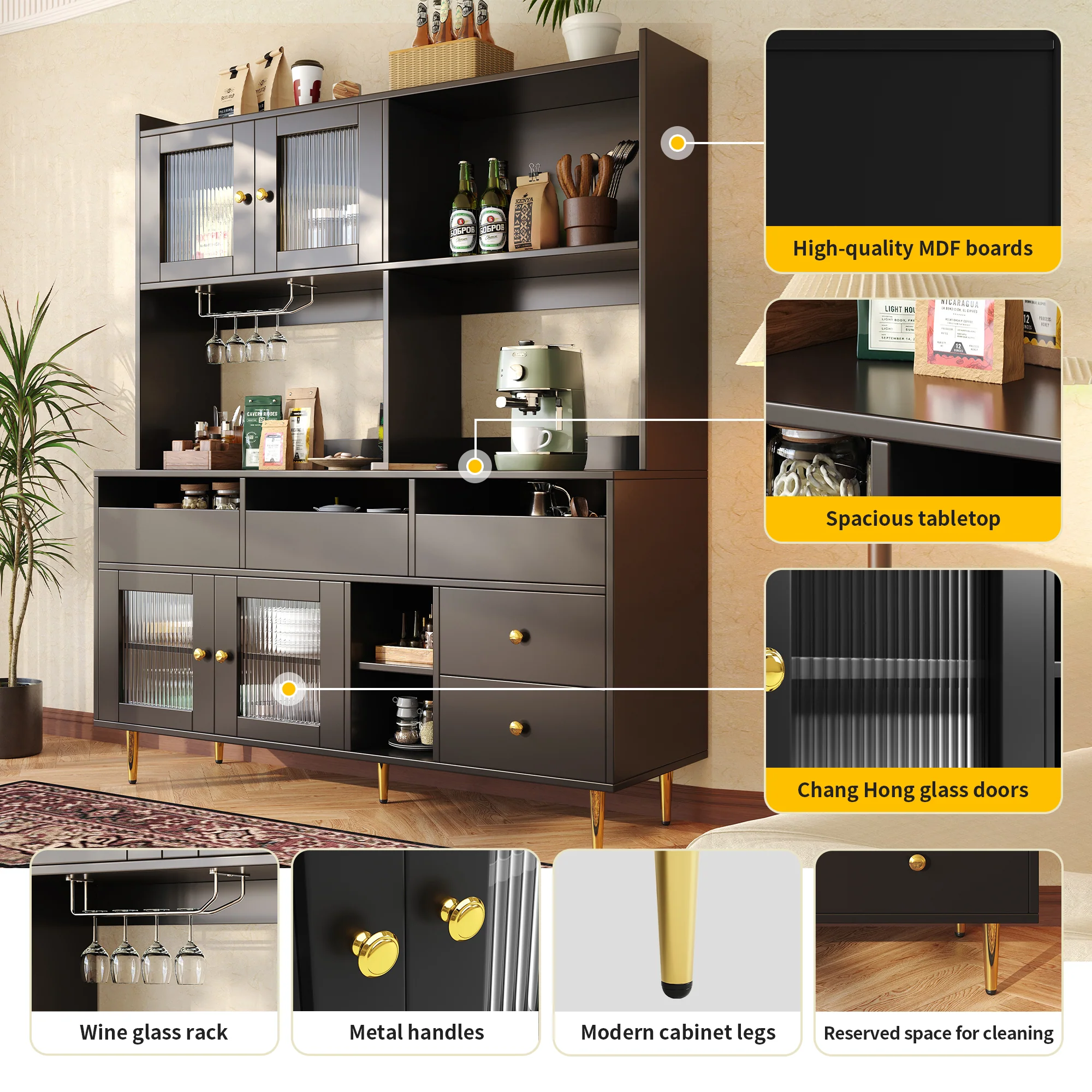 Dining Room Tall Cabinet 145x39x171cm Perforated Glass Doors Wine Rack Storage - Black/Gold - Image 10