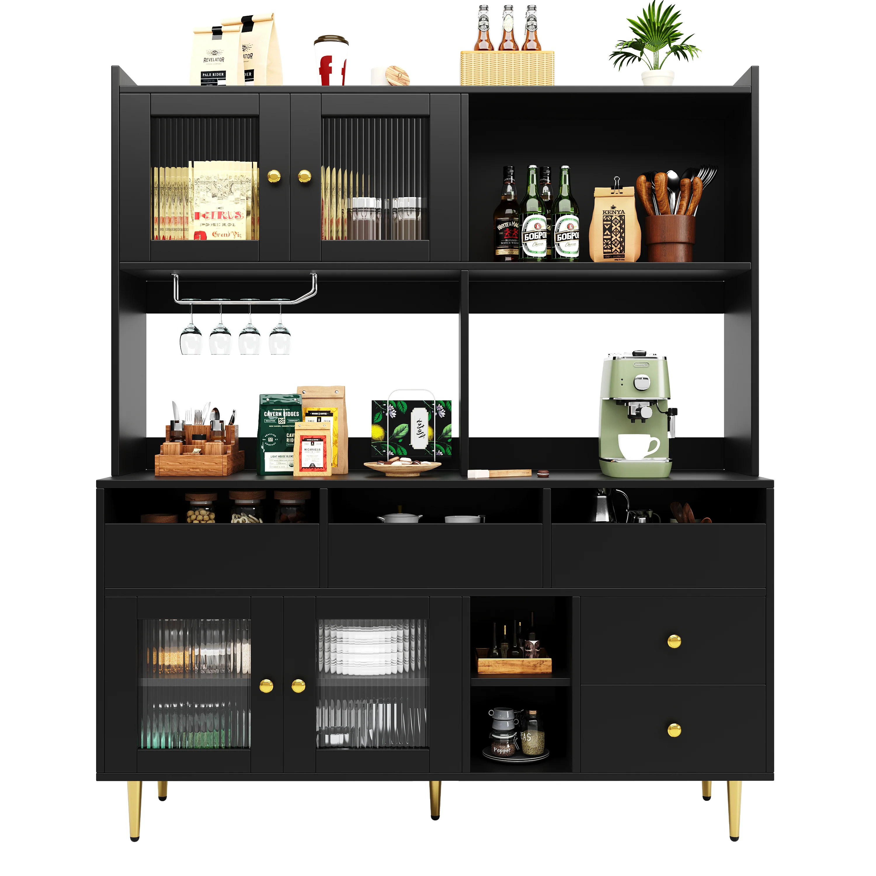 Dining Room Tall Cabinet 145x39x171cm Perforated Glass Doors Wine Rack Storage - Black/Gold - Image 2