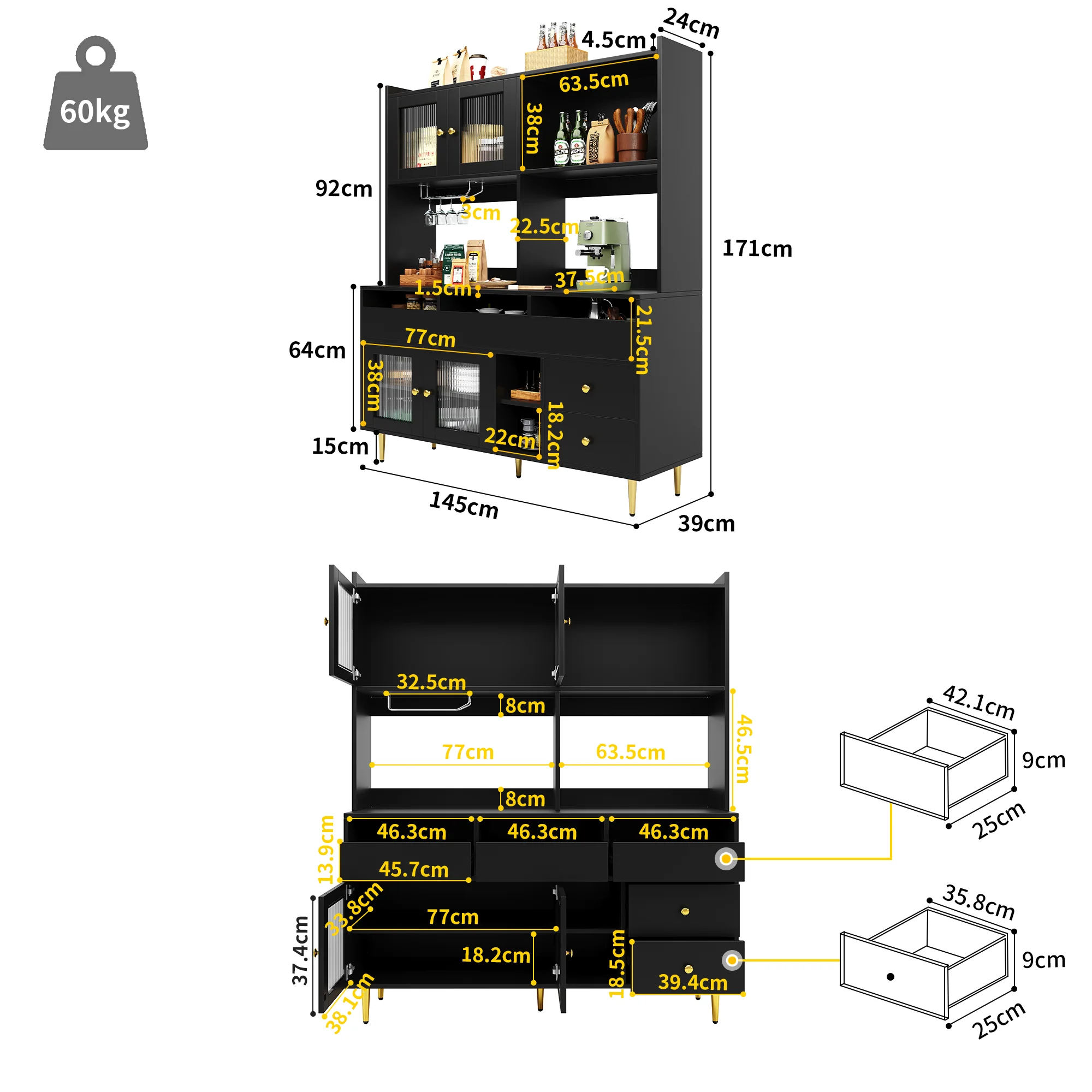 Dining Room Tall Cabinet 145x39x171cm Perforated Glass Doors Wine Rack Storage - Black/Gold - Image 3