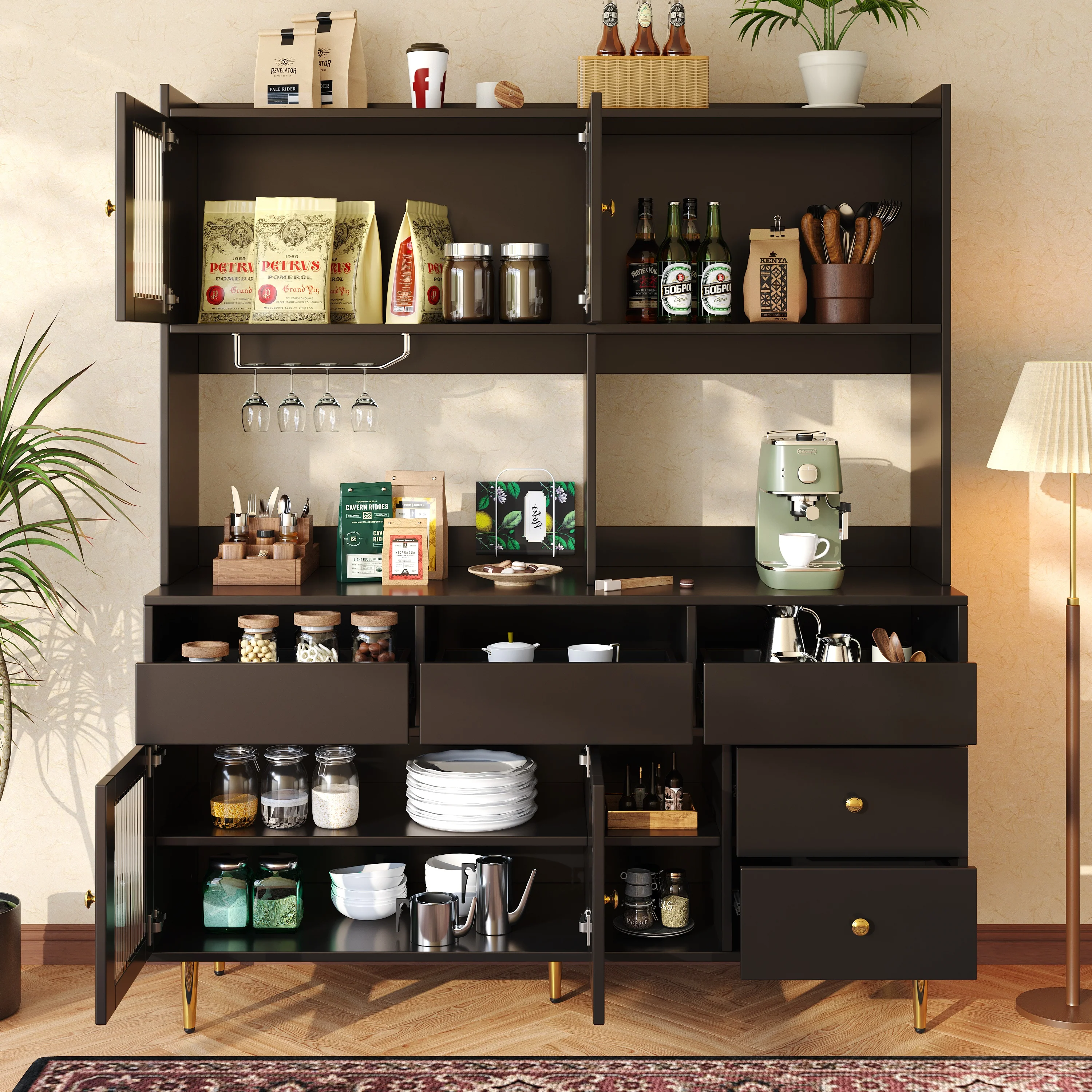 Dining Room Tall Cabinet 145x39x171cm Perforated Glass Doors Wine Rack Storage - Black/Gold - Image 4