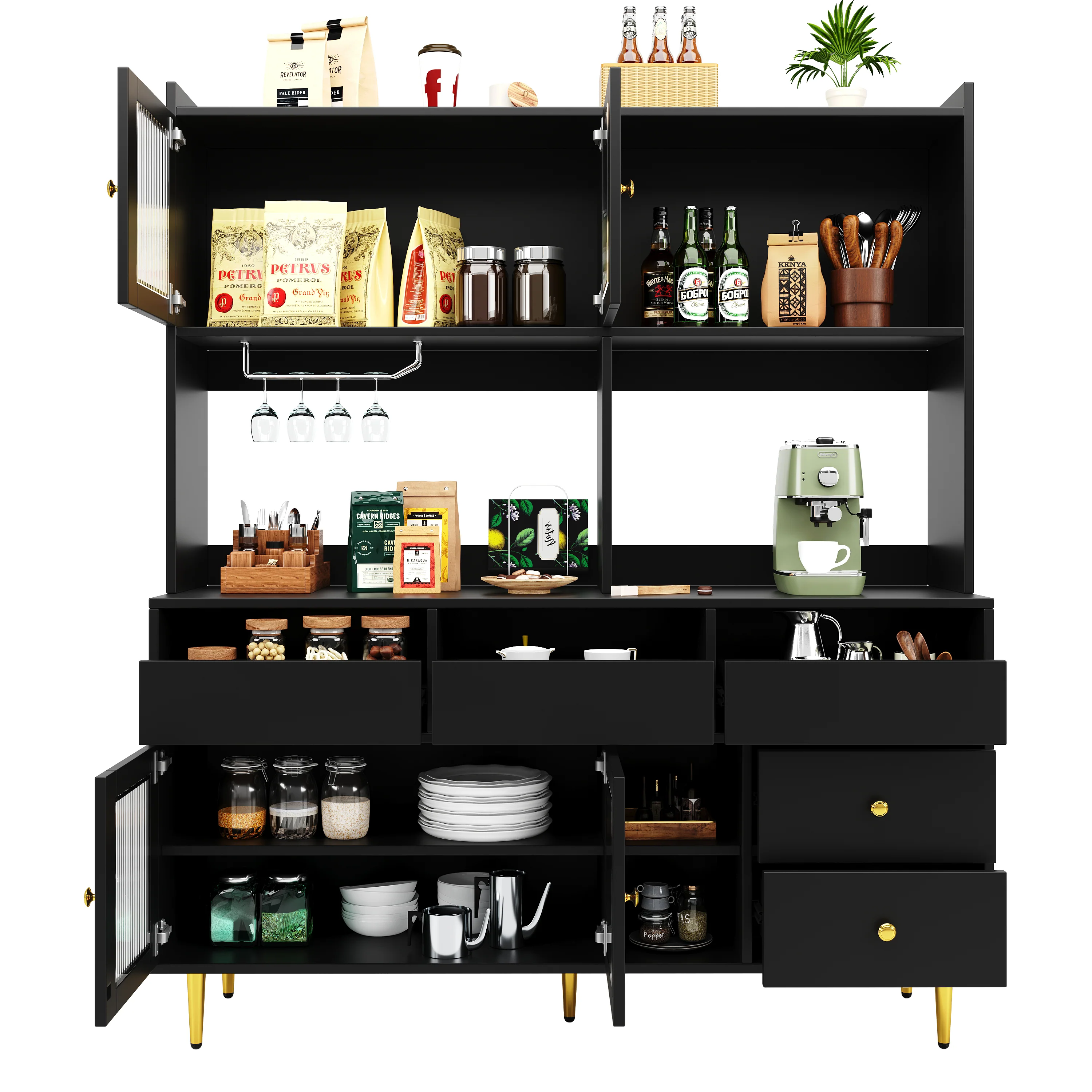 Dining Room Tall Cabinet 145x39x171cm Perforated Glass Doors Wine Rack Storage - Black/Gold - Image 5