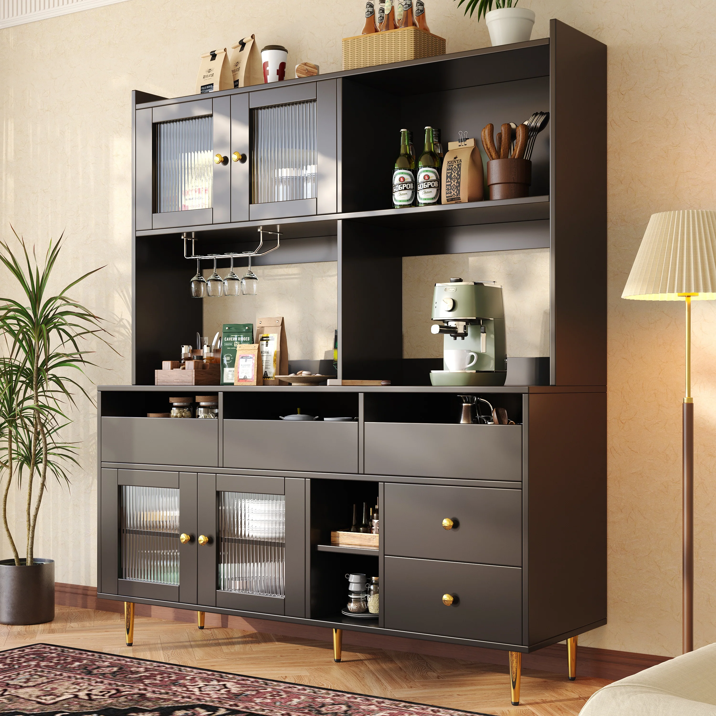 Dining Room Tall Cabinet 145x39x171cm Perforated Glass Doors Wine Rack Storage - Black/Gold - Image 6