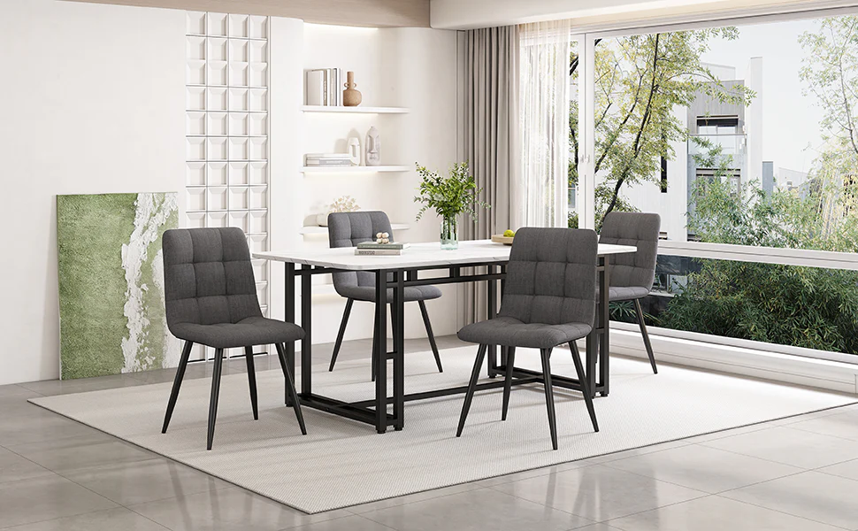 Dining Set 140x80cm Modern Kitchen Table 4 Chairs Black/Dark Grey Linen - Image 2