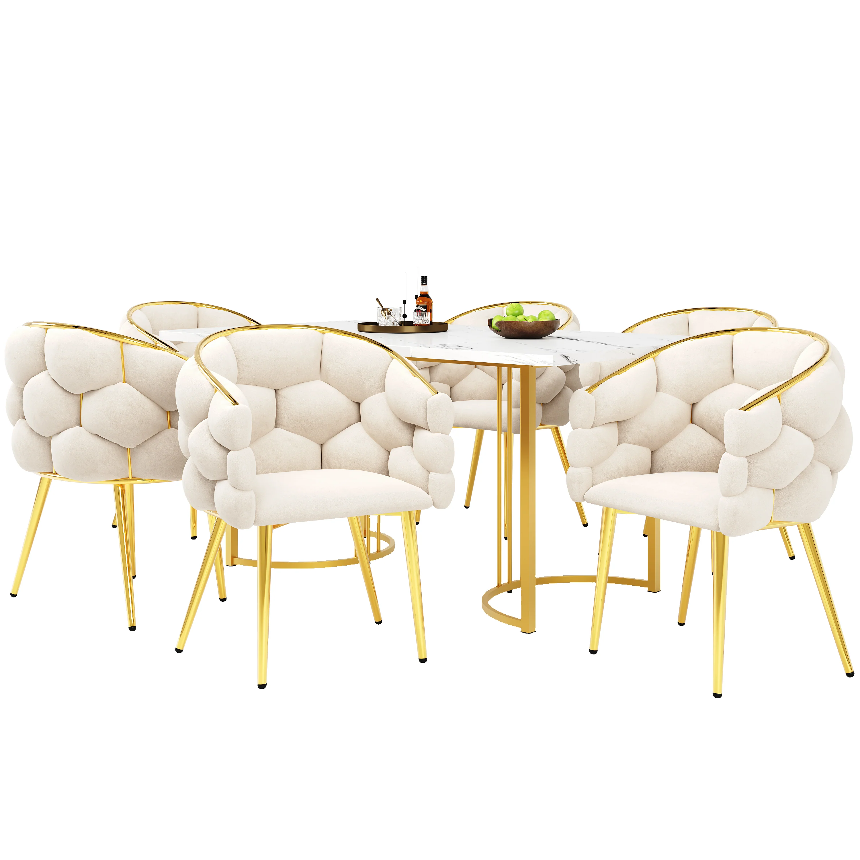 Dining Set 140x80cm Table 6 Chairs Marble Pattern - Gold Legs - Image 3