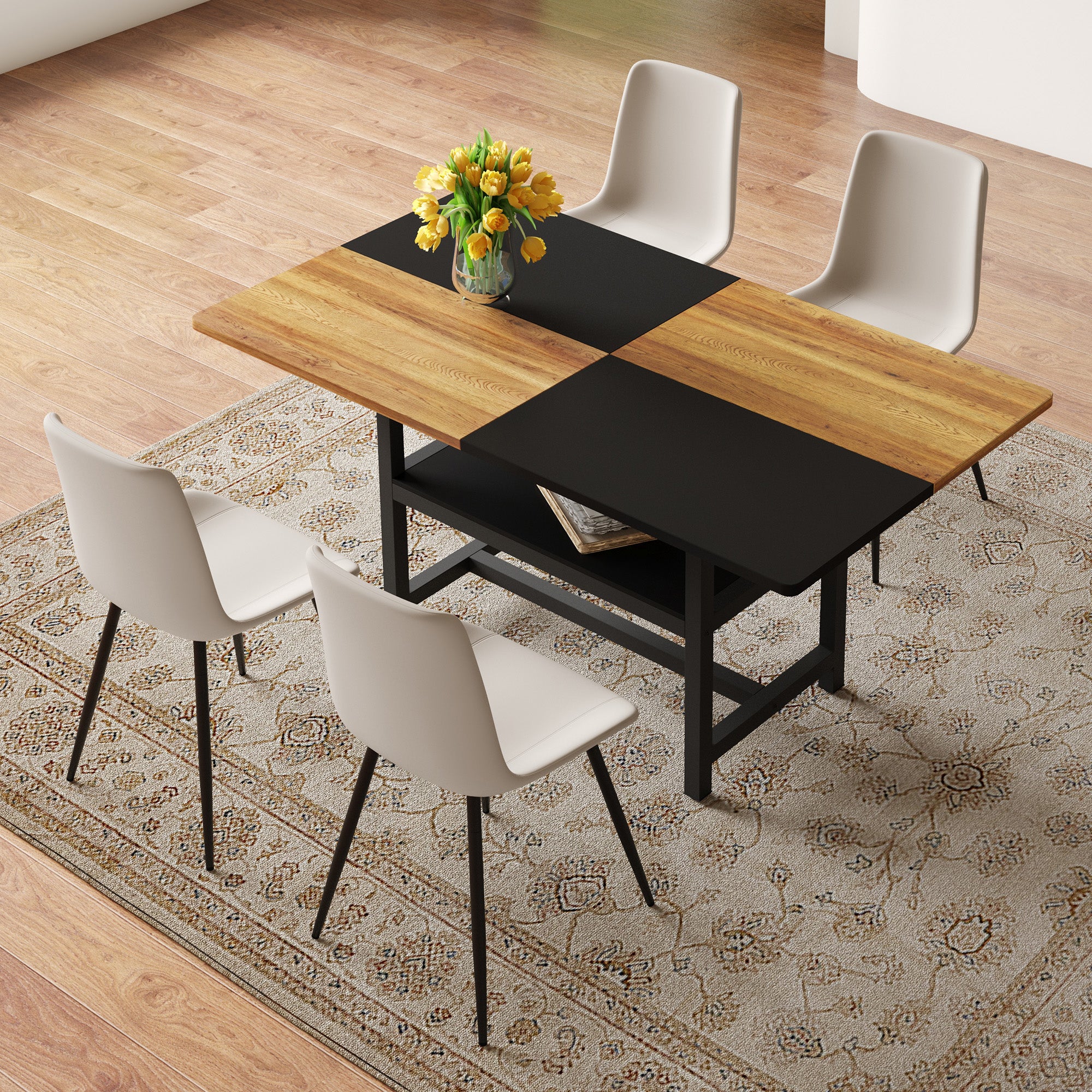 Dining Set 160cm Rectangular Storage 4 PU Chairs - Warm Grey - Image 2