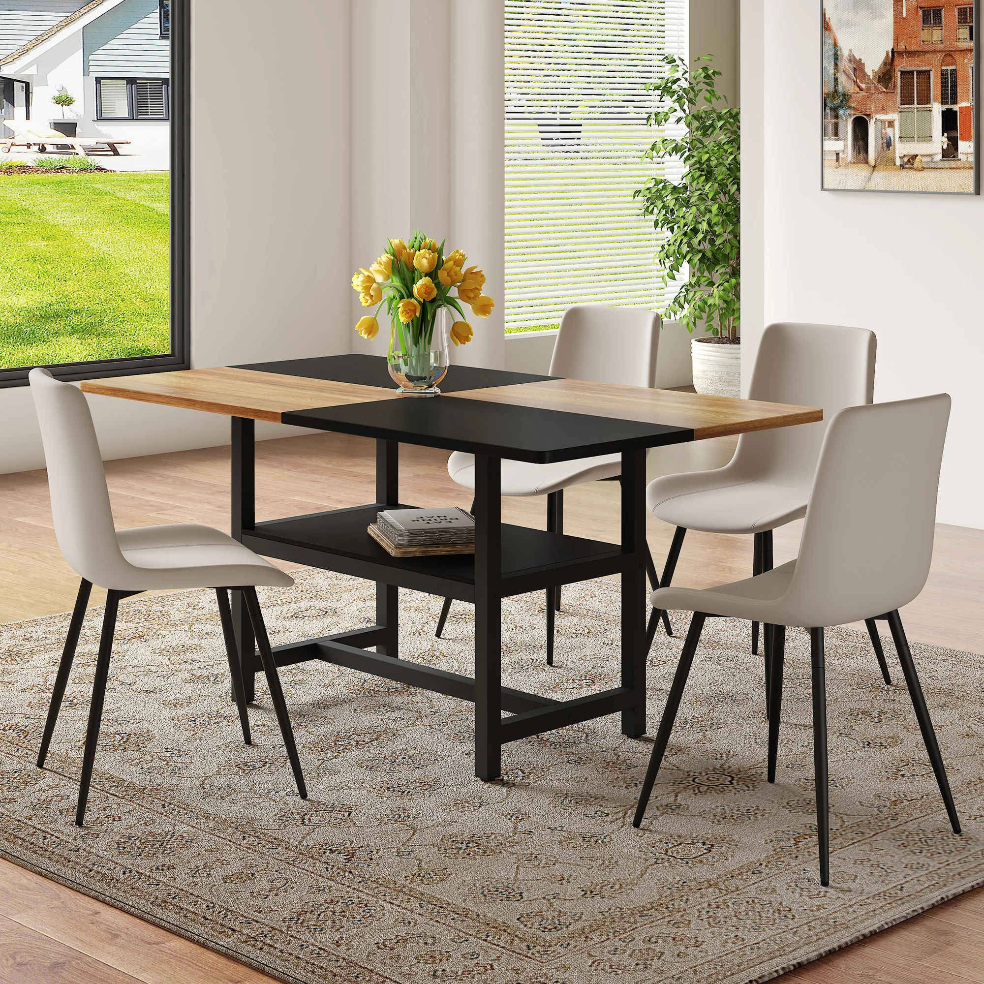 Dining Set 160cm Rectangular Storage 4 PU Chairs - Warm Grey - Image 3
