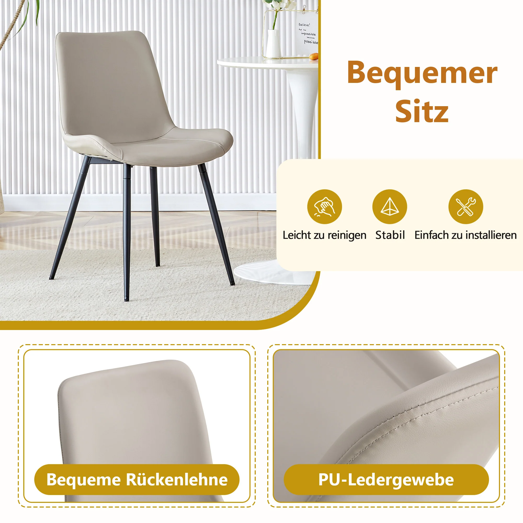 Dining Set 160cm Rectangular Storage 4 PU Chairs - Warm Grey - Image 5