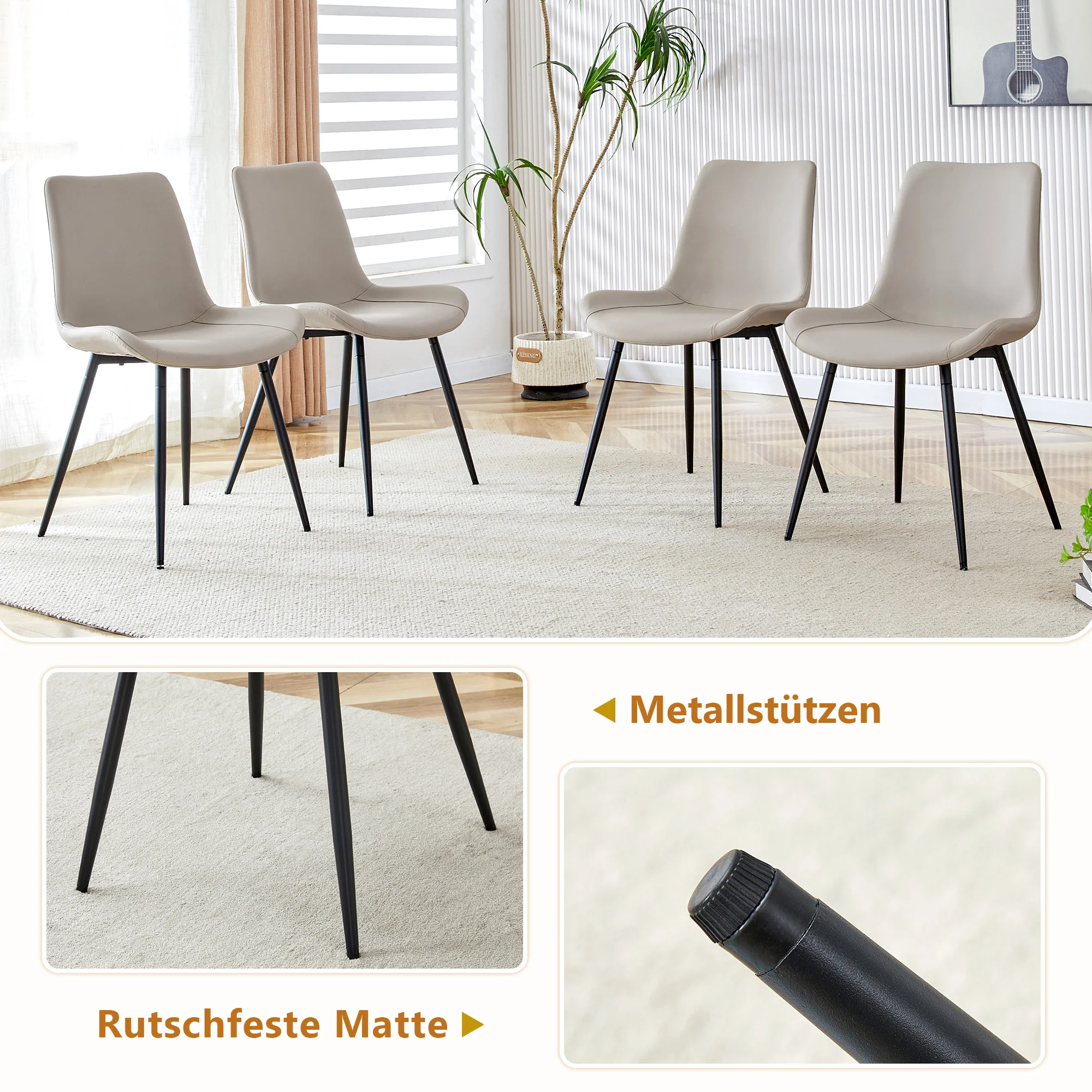Dining Set 160cm Rectangular Storage 4 PU Chairs - Warm Grey - Image 6