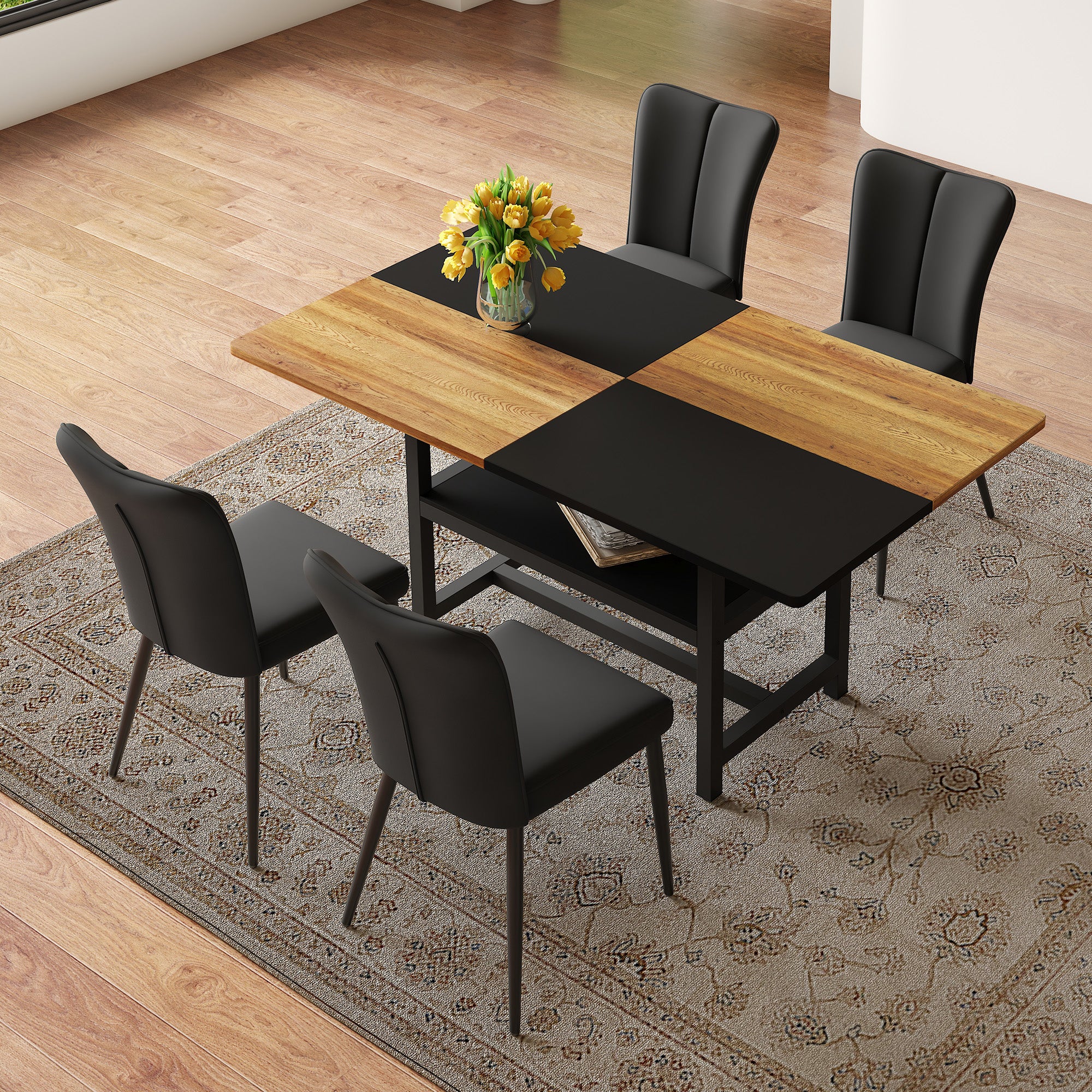 Dining Set 160cm Rectangular Storage with 4 Modern PU Chairs - Black