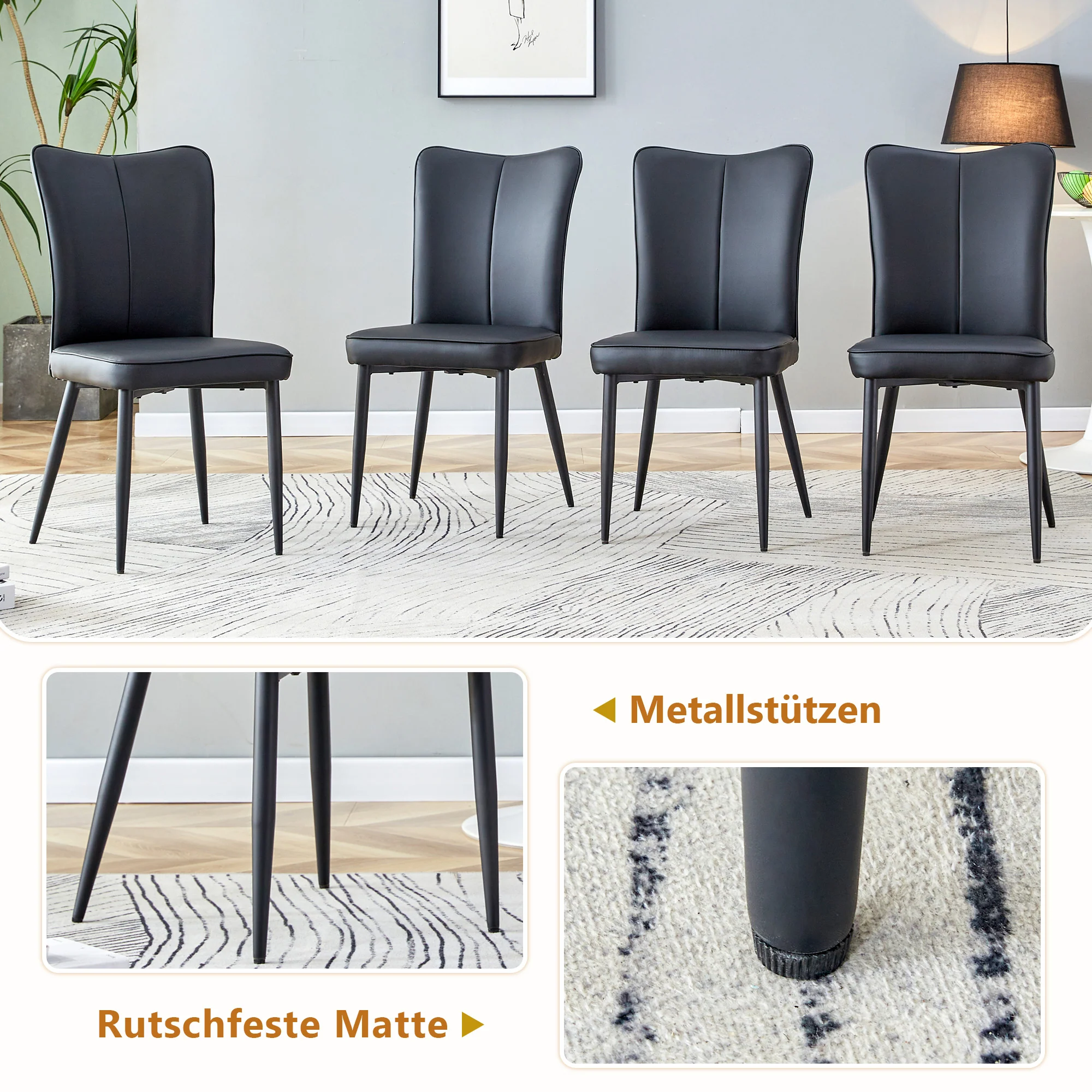 Dining Set 160cm Rectangular Storage with 4 Modern PU Chairs - Black - Image 5