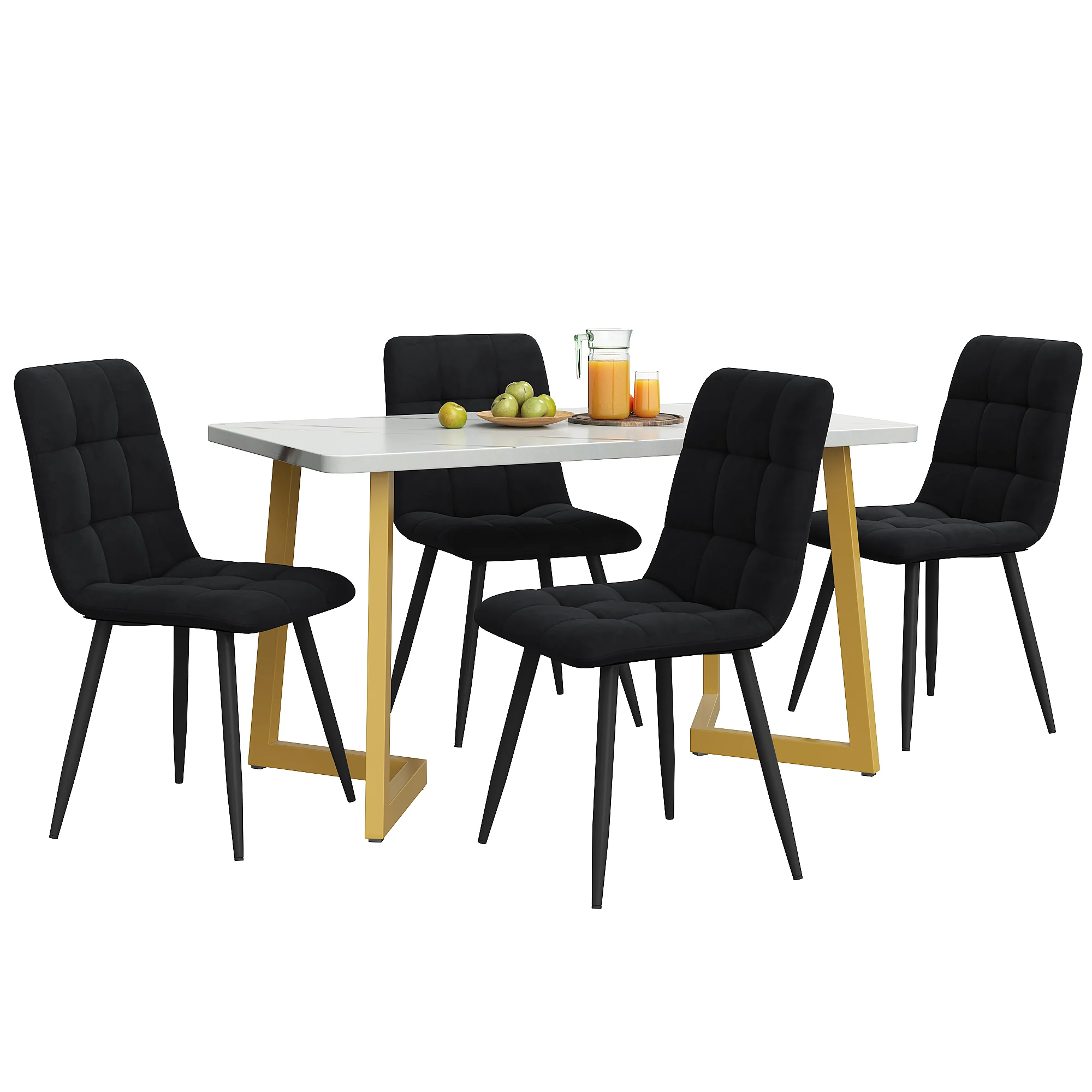 Dining Set 5-Piece 117cm Rectangular Table Black Velvet Gold Legs - Image 2