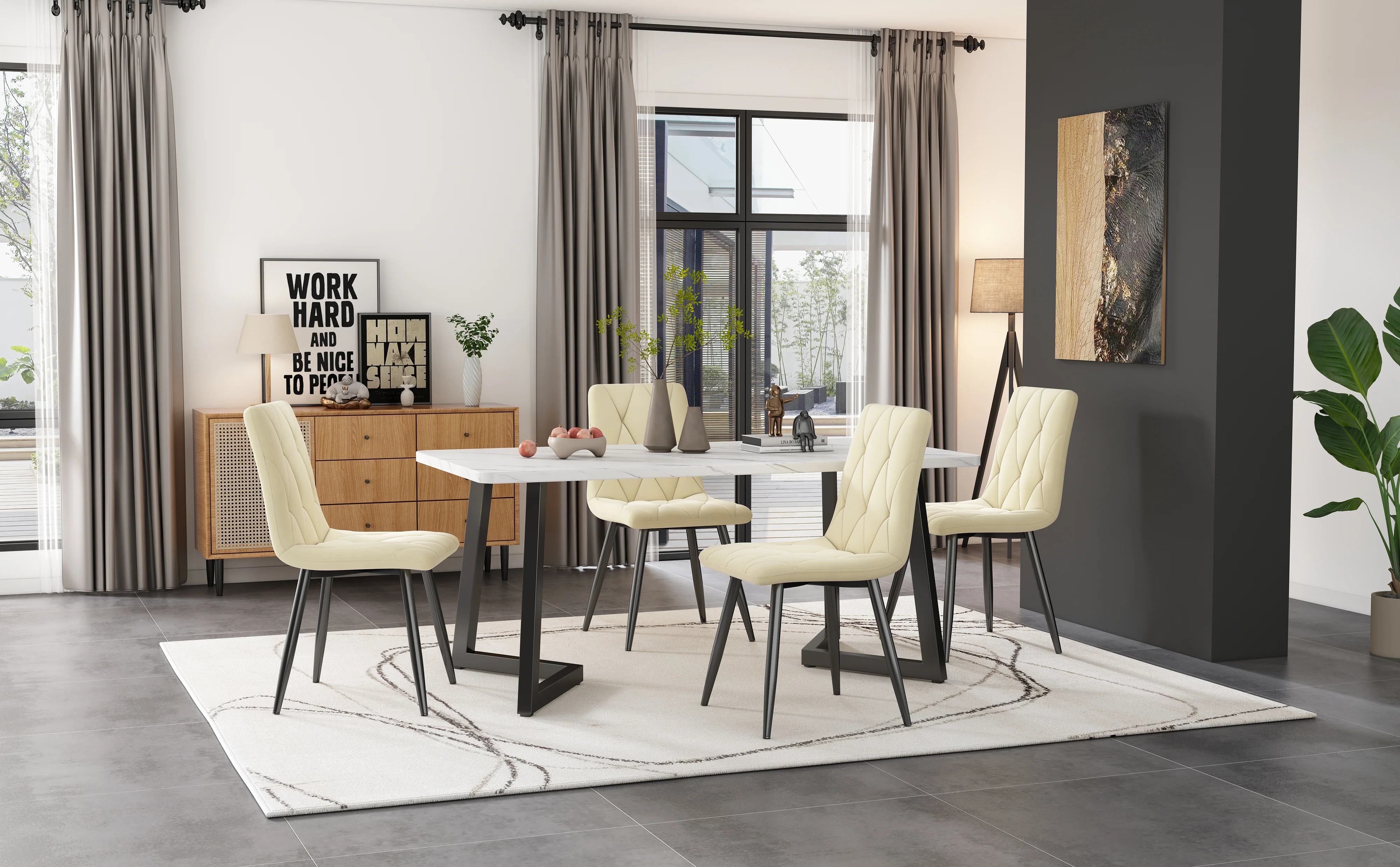 Dining Set 5-Piece 117x68cm Rectangular Kitchen Table Beige Twill Velvet/Black Legs - Image 2