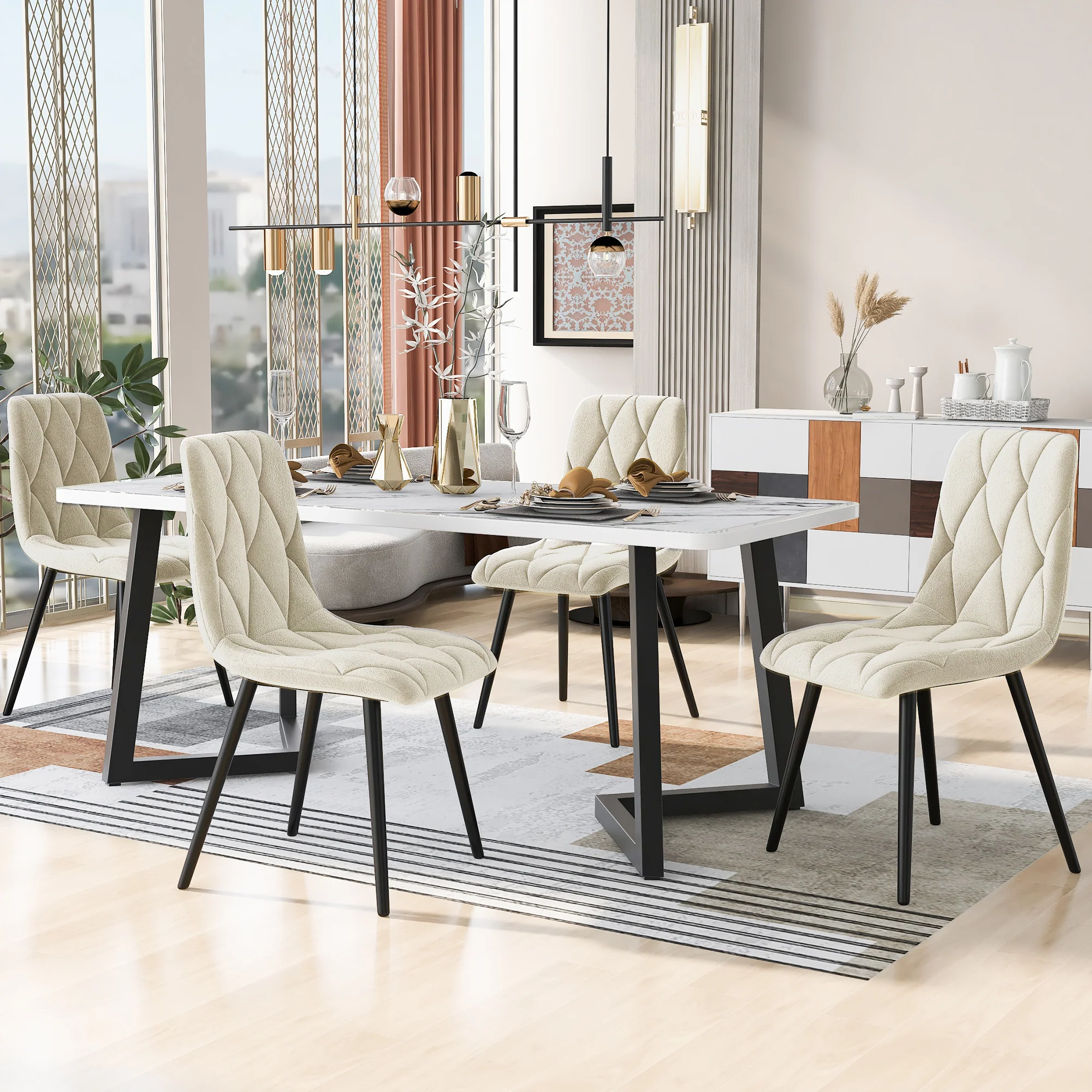 Dining Set 5-Piece 117x68cm Rectangular Kitchen Table Beige Twill Velvet/Black Legs - Image 3
