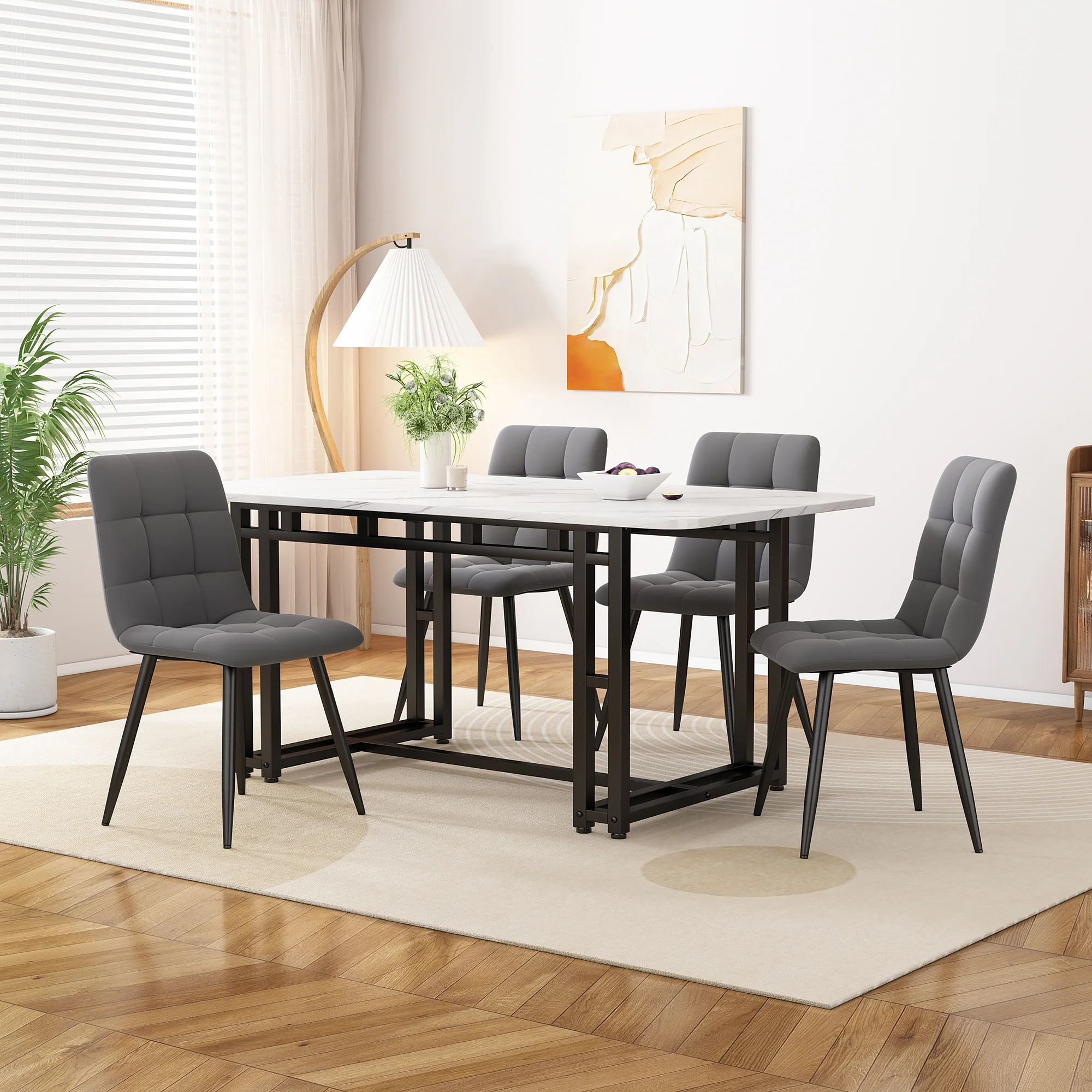 Dining Set 5-Piece 120x70cm Table 4 Dark Grey Velvet Chairs Black Iron Legs