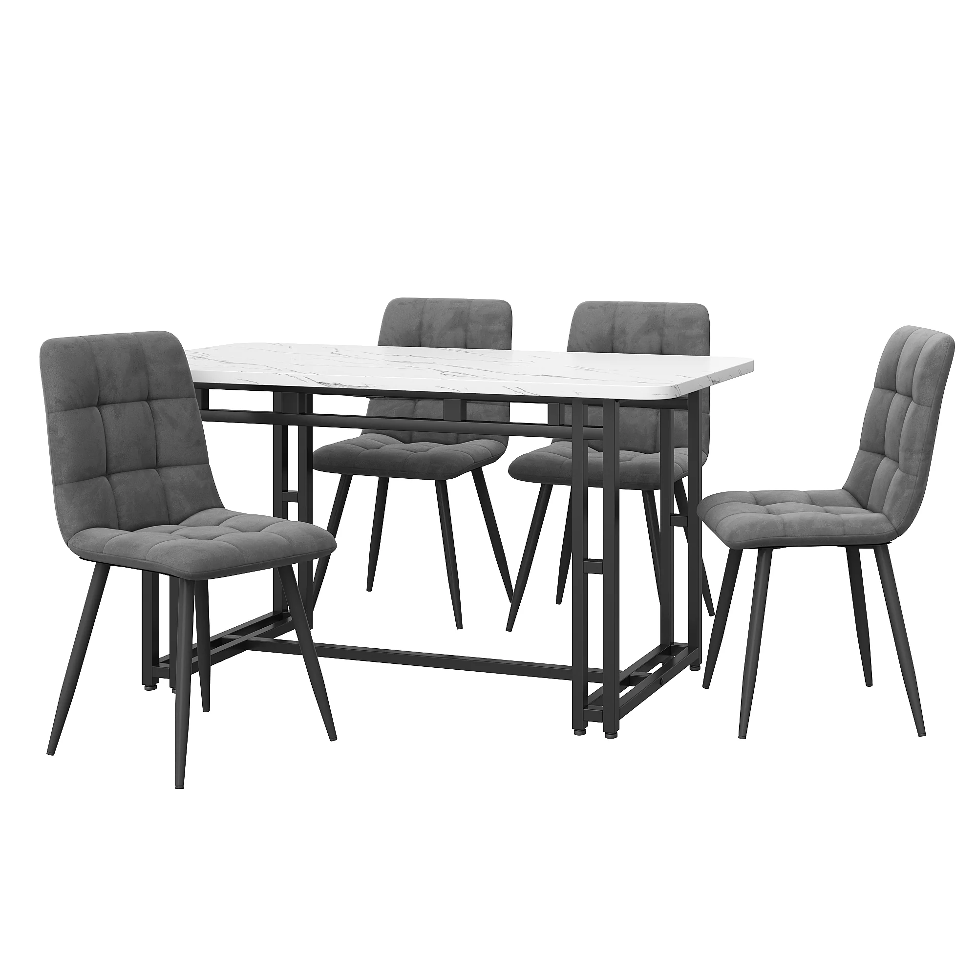 Dining Set 5-Piece 120x70cm Table 4 Dark Grey Velvet Chairs Black Iron Legs - Image 3