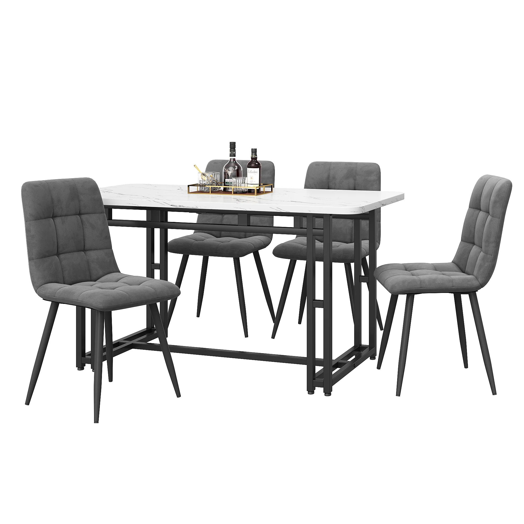 Dining Set 5-Piece 120x70cm Table 4 Dark Grey Velvet Chairs Black Iron Legs - Image 4